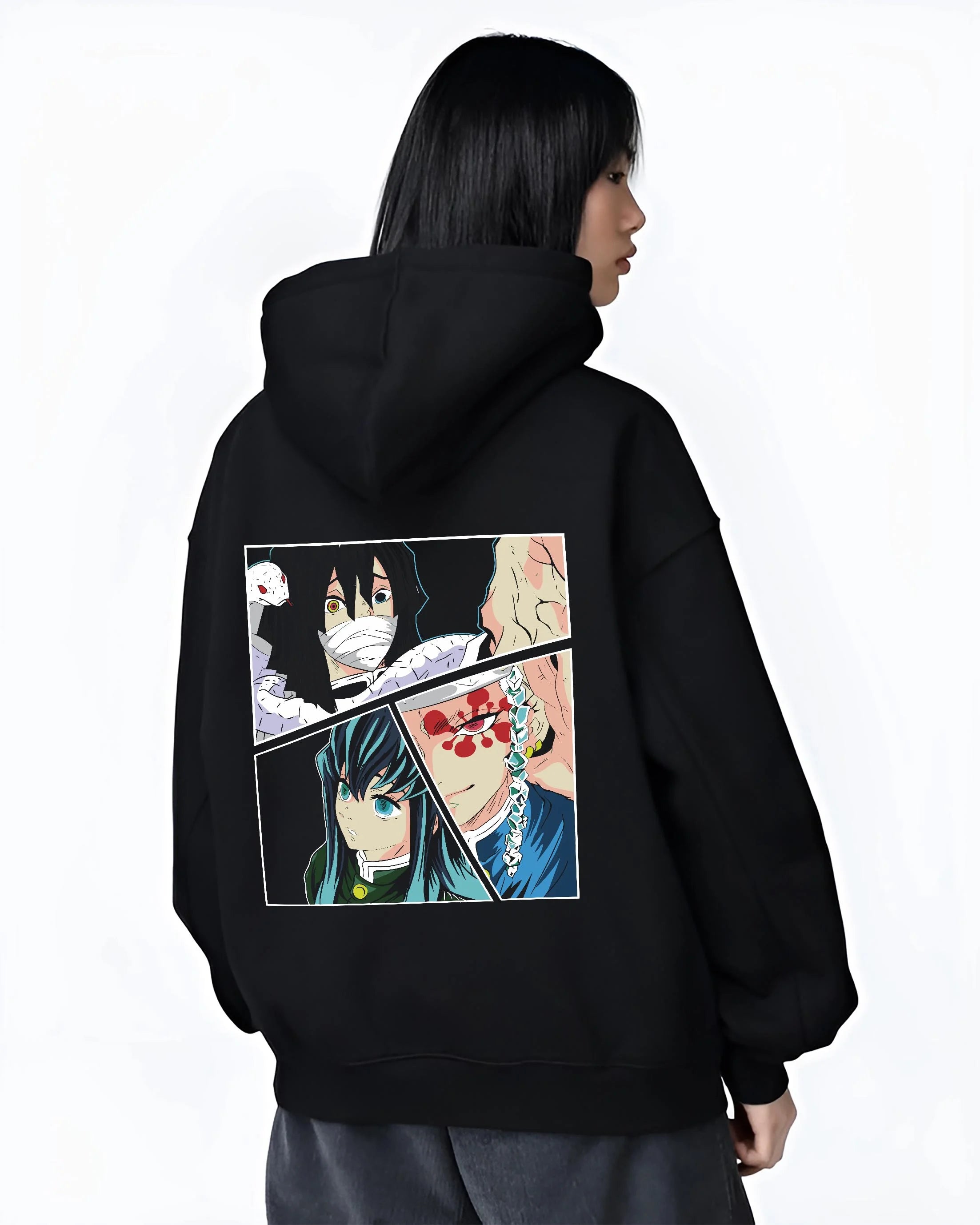 Black hoodie worn by female model, back view with Shinobu Hoodie Demon Slayer Insect Hashira Butterfly graphic premium wear.