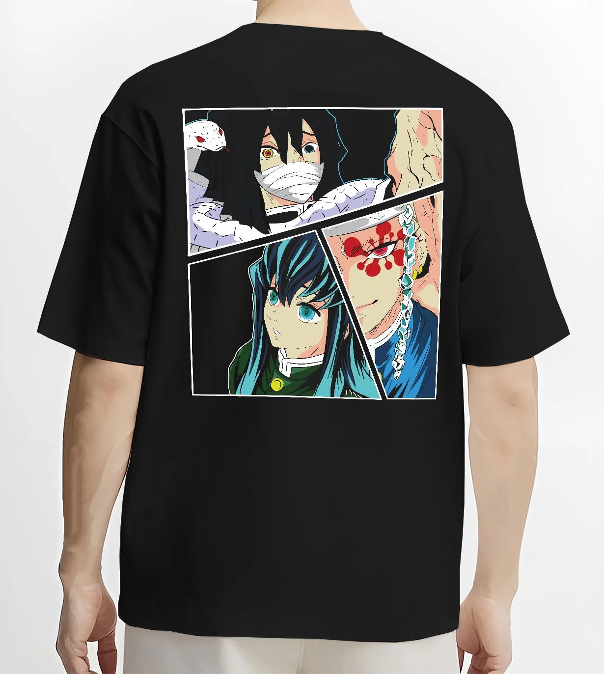 Black T-shirt worn by male model, back view with Shinobu Hoodie Demon Slayer Insect Hashira Butterfly graphic streetwear graphic.