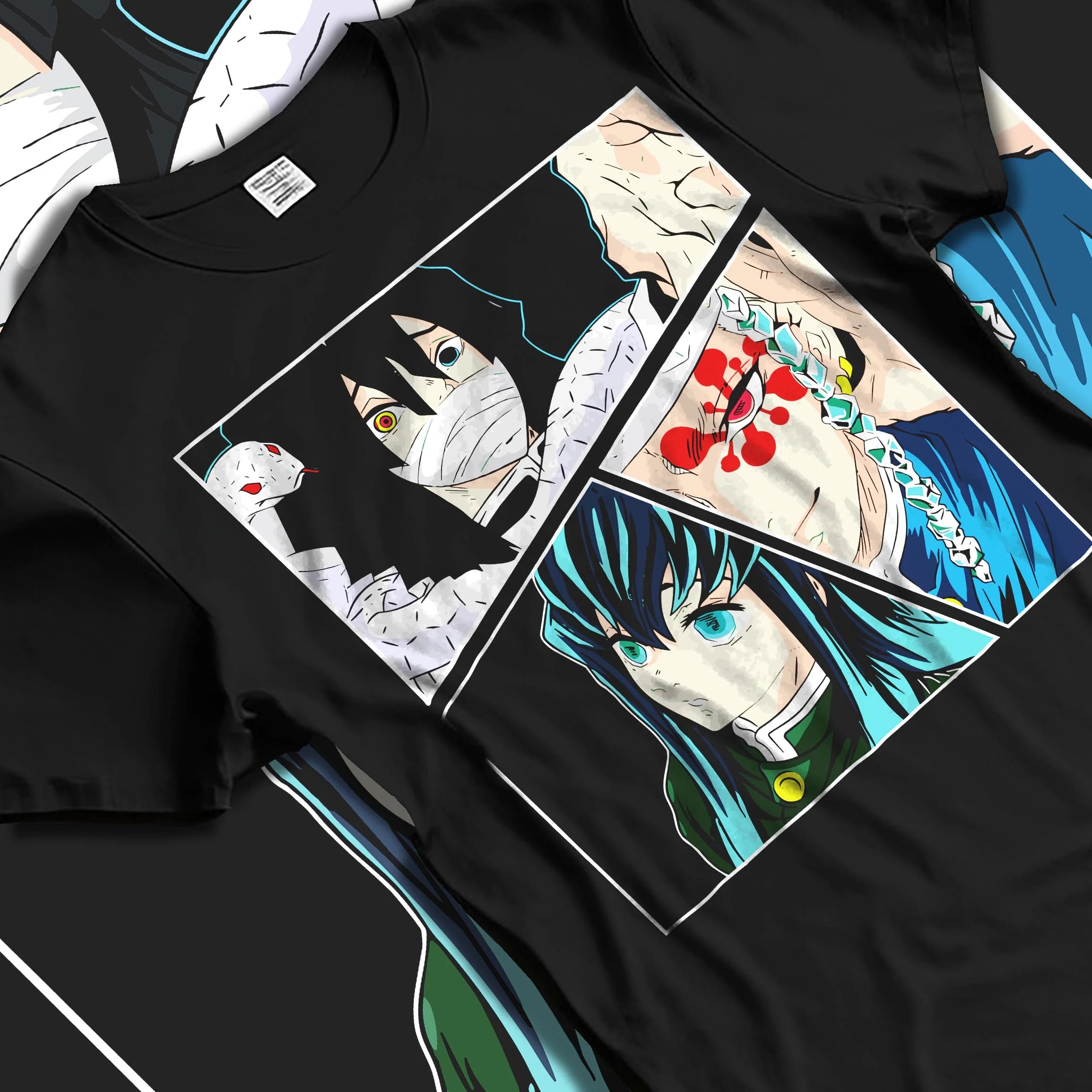 Black T-shirt laid flat with natural folds with Shinobu Hoodie Demon Slayer Insect Hashira Butterfly graphic streetwear graphic.