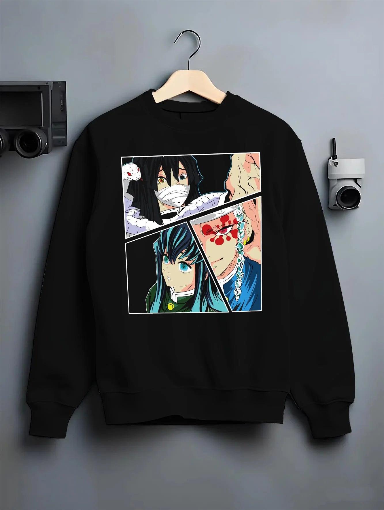 Black crewneck sweatshirt on hanger with Shinobu Hoodie Demon Slayer Insect Hashira Butterfly graphic premium wear.