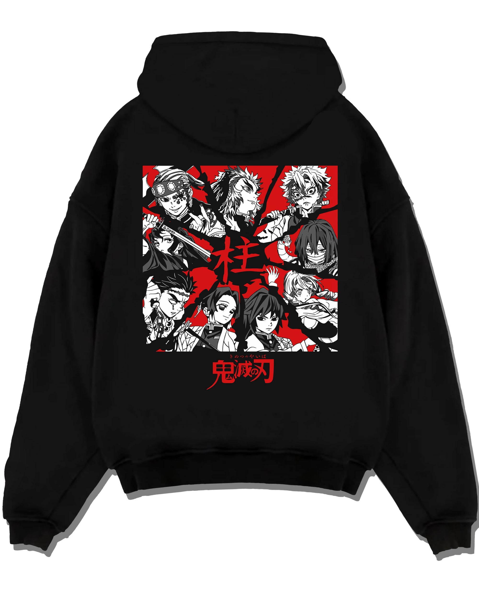 Black pullover hoodie laid flat with Demon Slayer Corps Hoodie Hashira Pillars United graphic streetwear graphic.