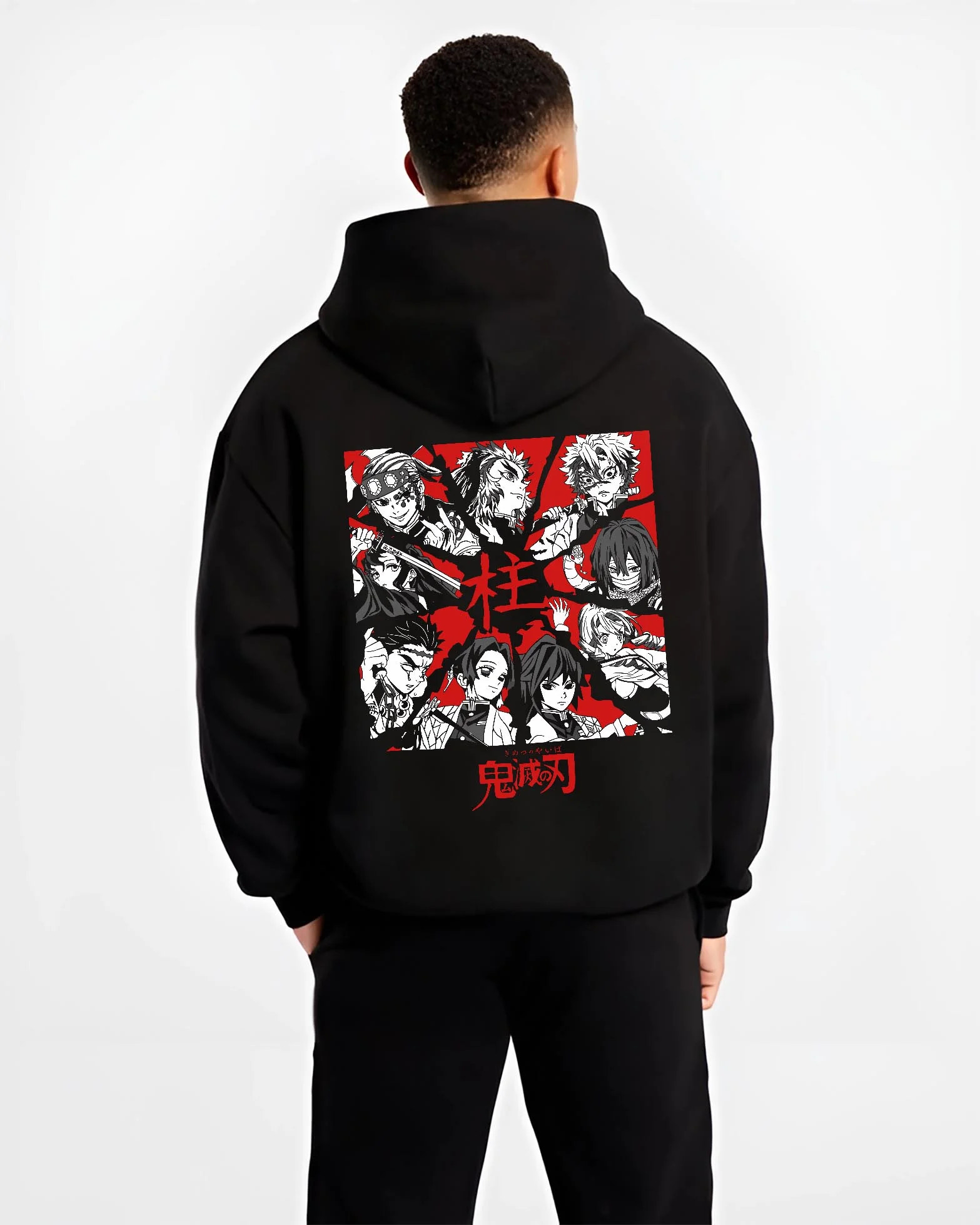 Black hoodie worn by male model, back view with Demon Slayer Corps Hoodie Hashira Pillars United graphic premium wear.