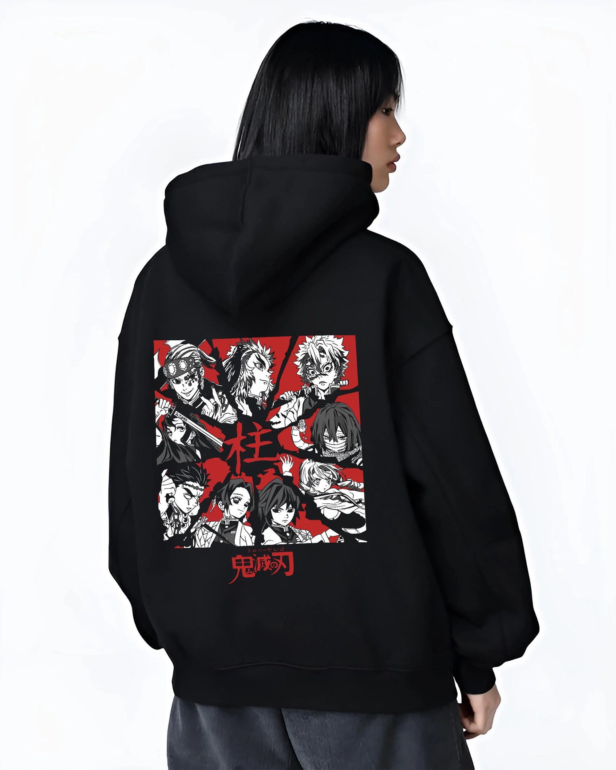 Black hoodie worn by female model, back view with Demon Slayer Corps Hoodie Hashira Pillars United graphic bold anime graphic.