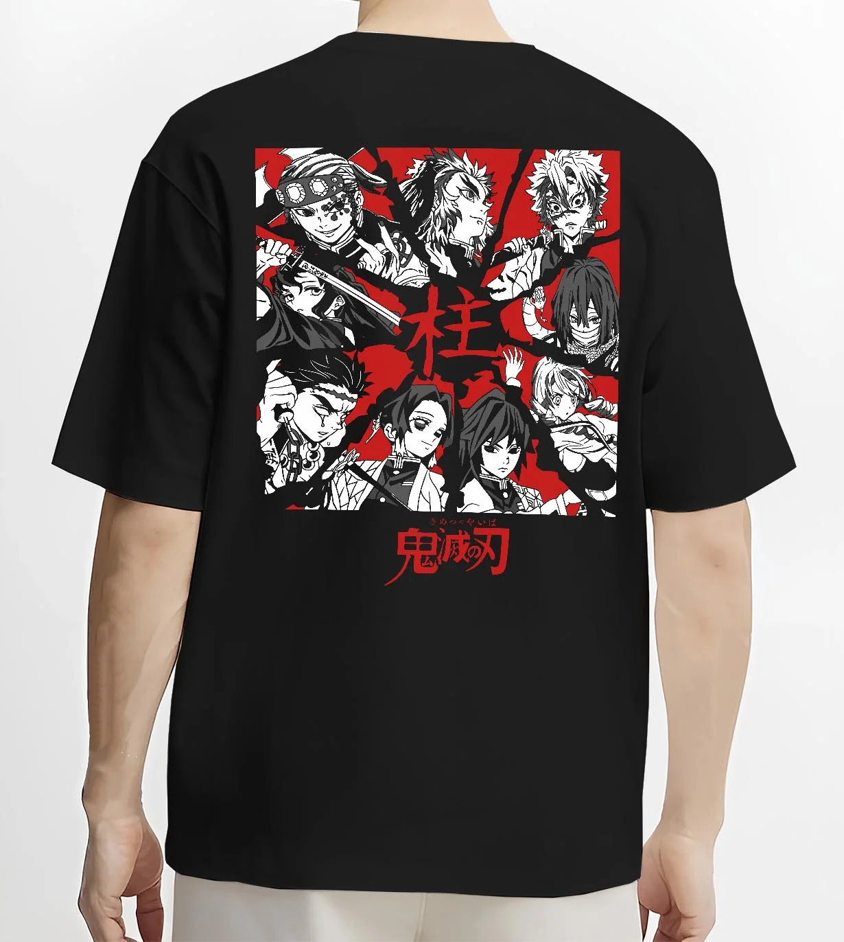 Black T-shirt worn by male model, back view with Demon Slayer Corps Hoodie Hashira Pillars United graphic bold anime graphic.