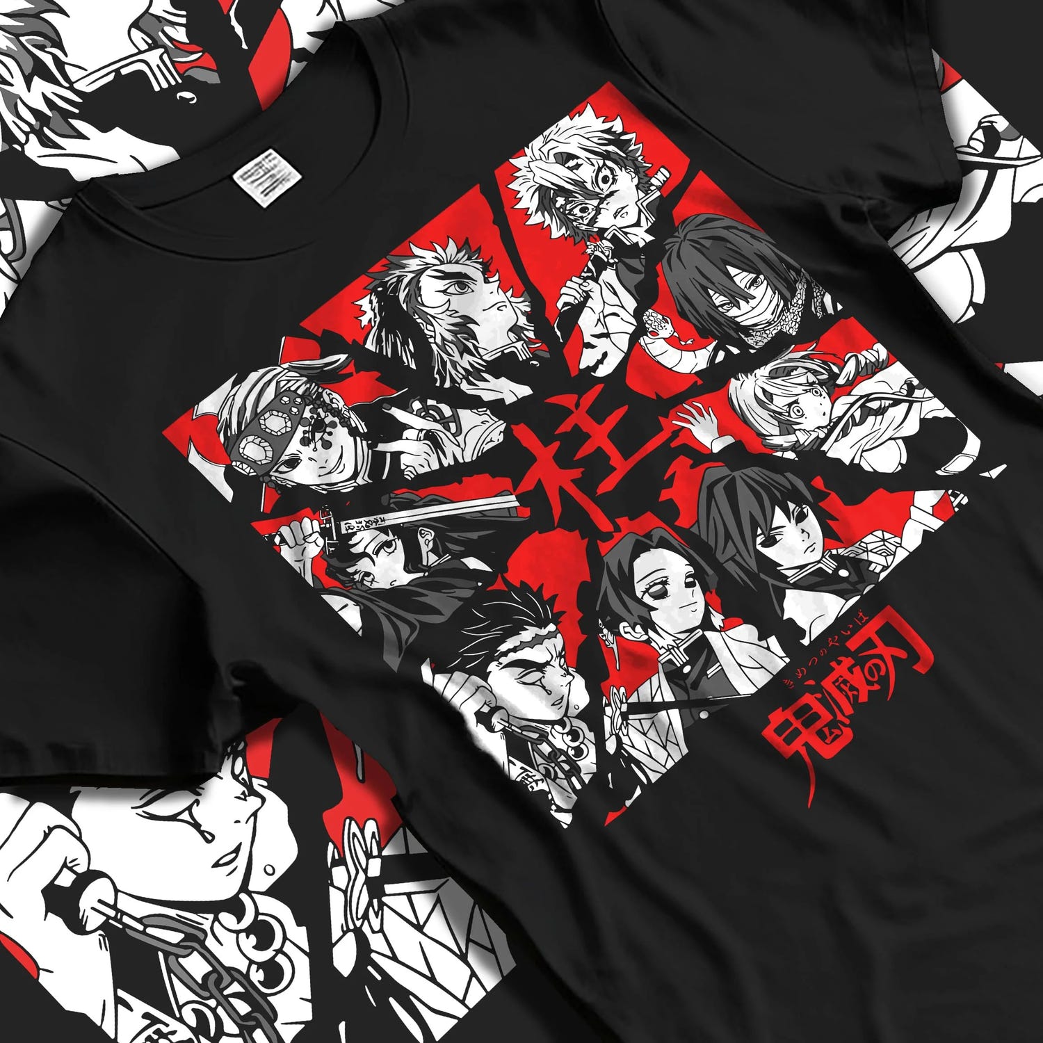 Black T-shirt laid flat with natural folds with Demon Slayer Corps Hoodie Hashira Pillars United graphic bold anime graphic.