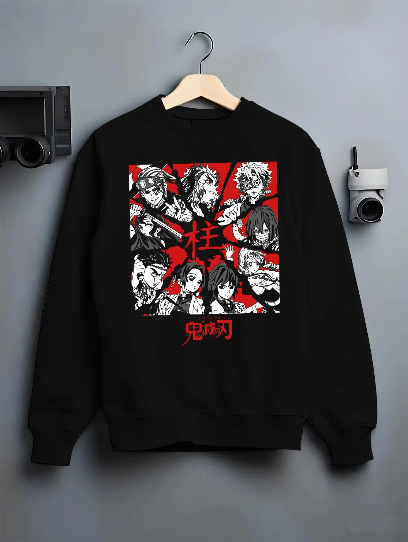 Black crewneck sweatshirt on hanger with Demon Slayer Corps Hoodie Hashira Pillars United graphic premium wear.