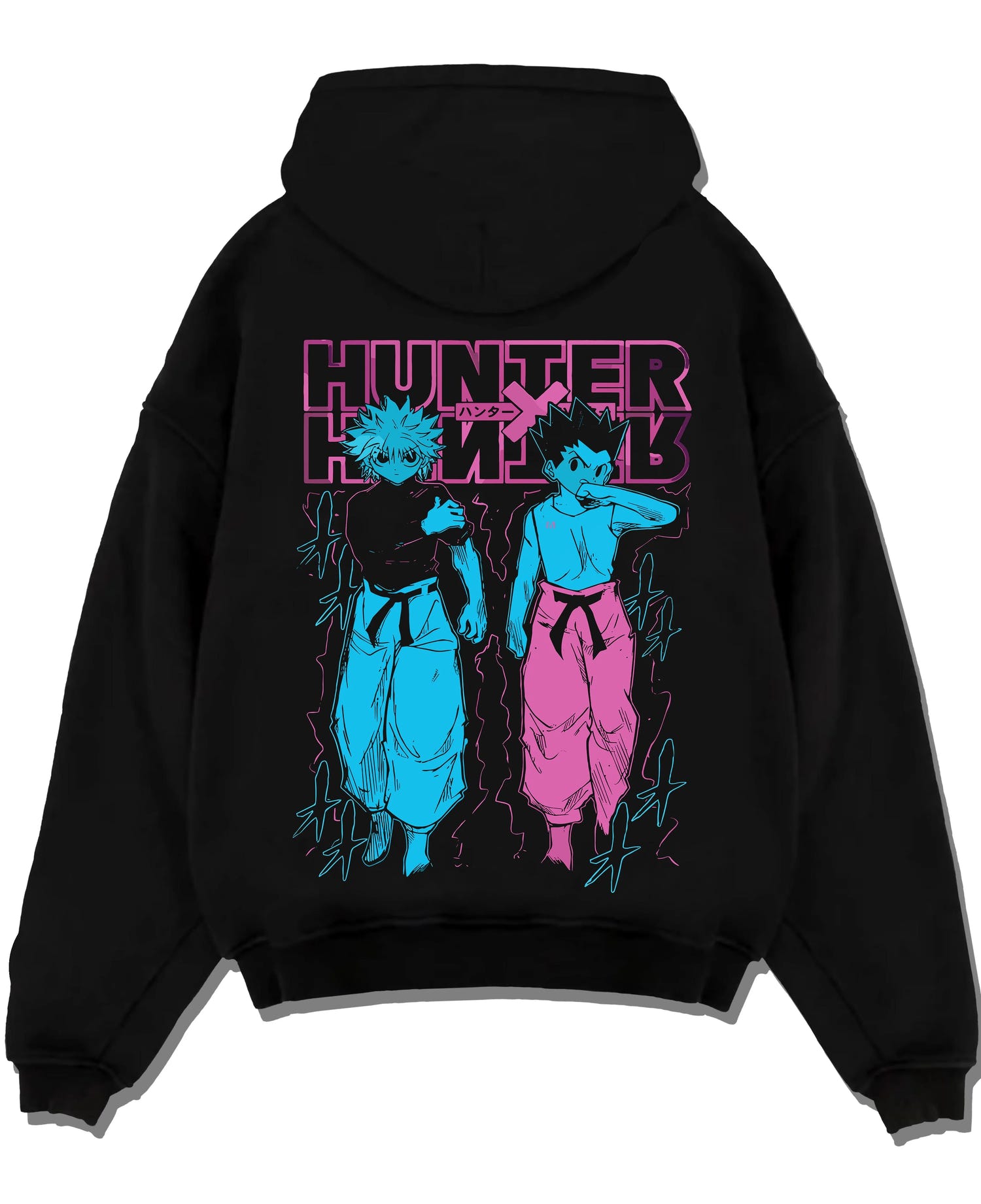 Black pullover hoodie laid flat with Hunter x Hunter Hoodie Gon Killua Duo Jumper graphic bold anime graphic.