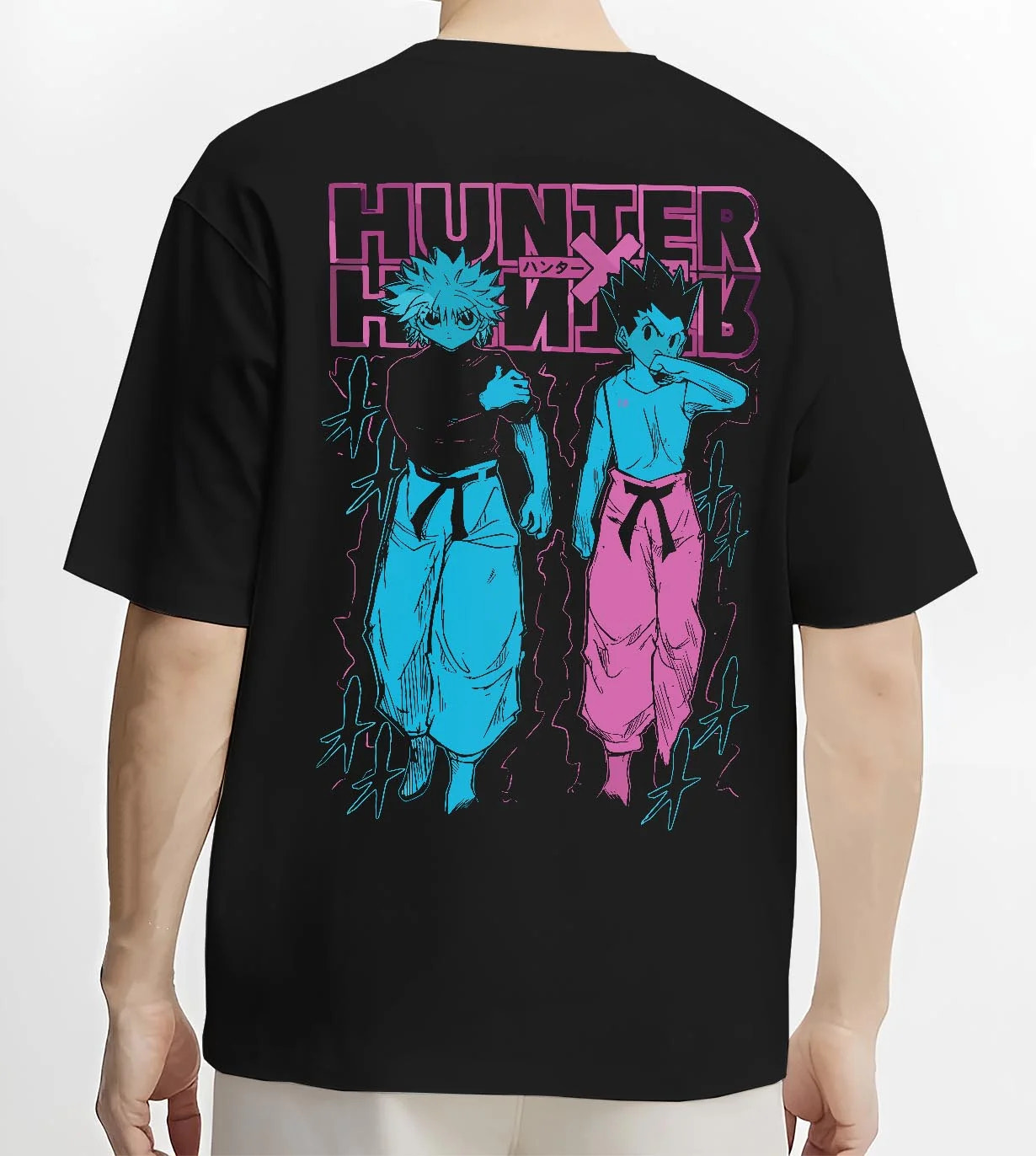 Black T-shirt worn by male model, back view with Hunter x Hunter Hoodie Gon Killua Duo Jumper graphic streetwear graphic.