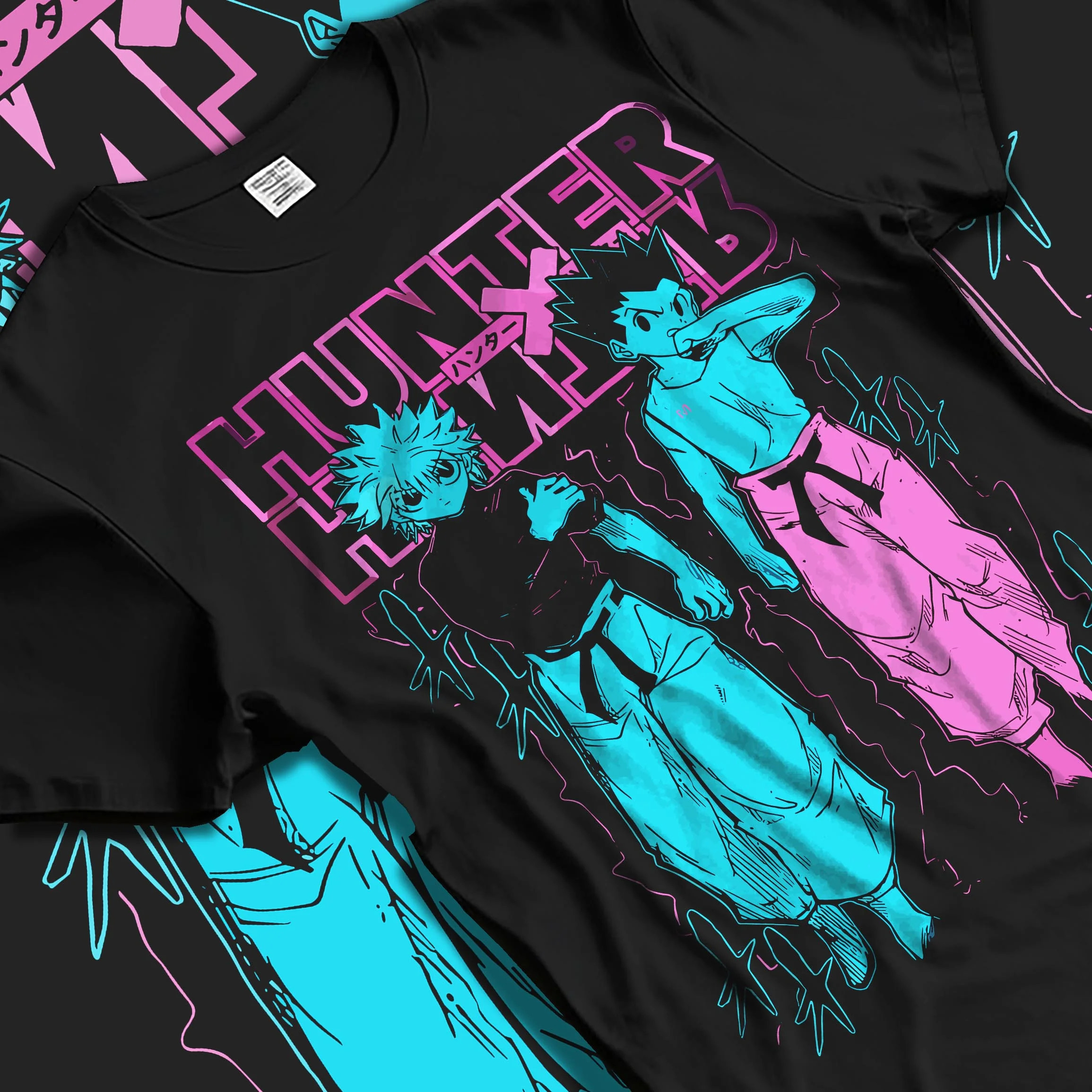 Black T-shirt laid flat with natural folds with Hunter x Hunter Hoodie Gon Killua Duo Jumper graphic bold anime graphic.