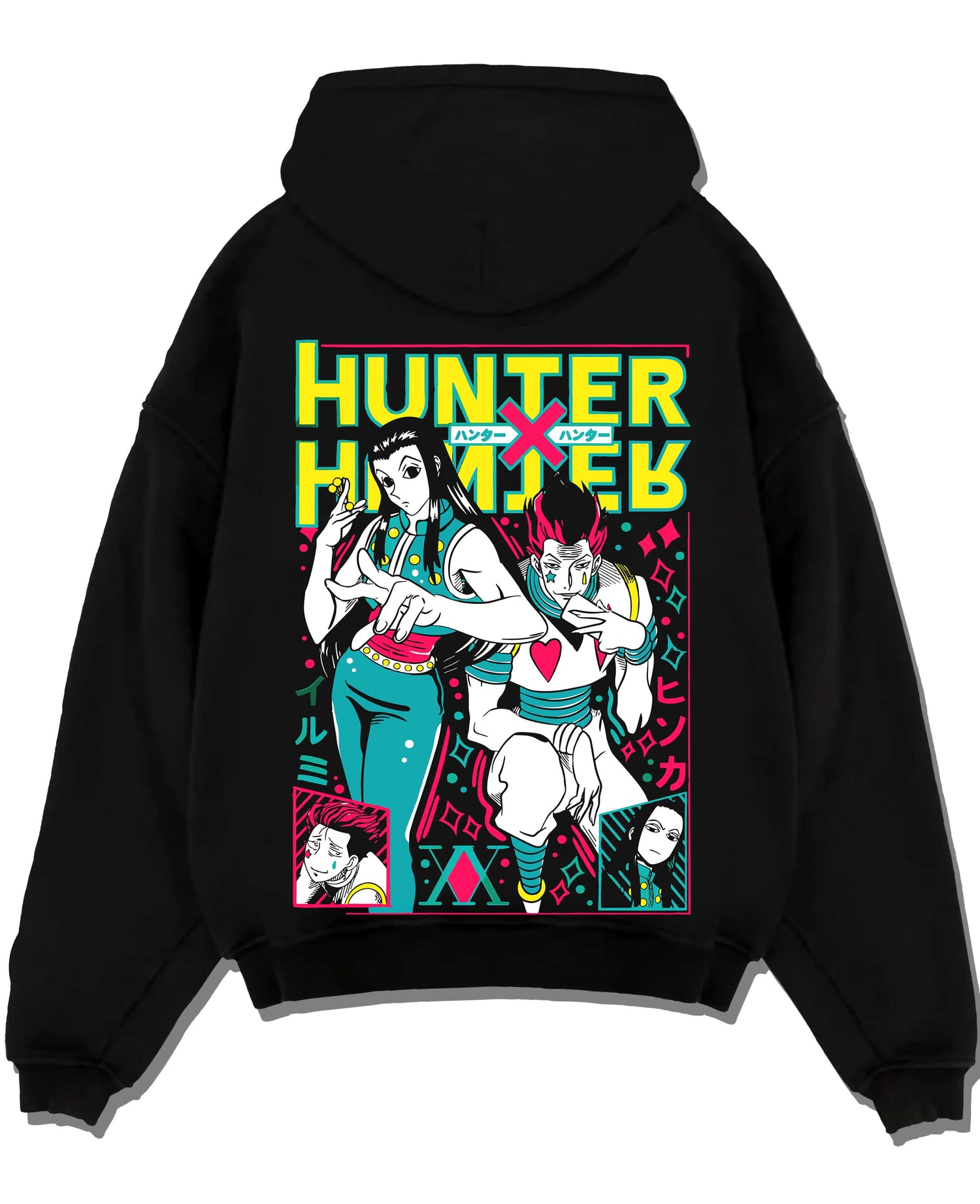 Black pullover hoodie laid flat with Hunter x Hunter Hoodie Phantom Troupe Group Jumper graphic streetwear graphic.