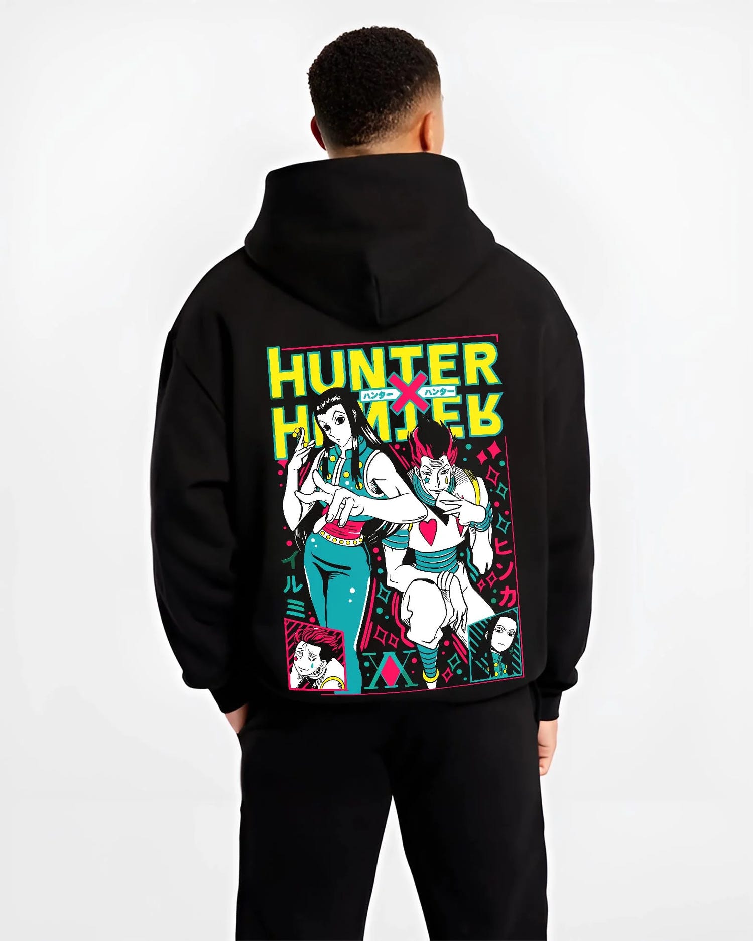 Black hoodie worn by male model, back view with Hunter x Hunter Hoodie Phantom Troupe Group Jumper graphic bold anime graphic.