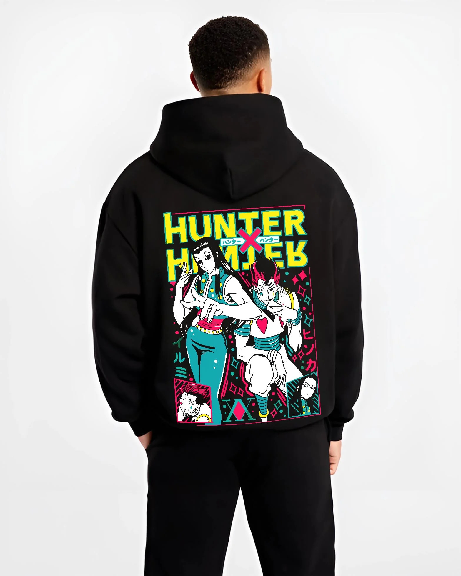 Black hoodie worn by male model, back view with Hunter x Hunter Hoodie Phantom Troupe Group Jumper graphic bold anime graphic.