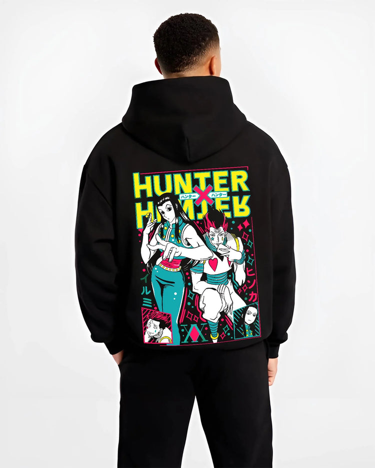 Black hoodie worn by male model, back view with Hunter x Hunter Hoodie Phantom Troupe Group Jumper graphic bold anime graphic.