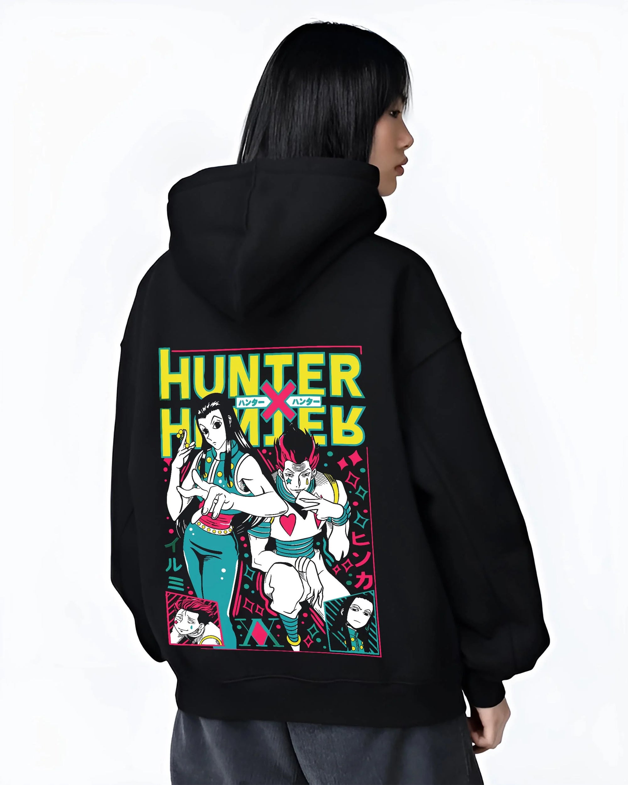 Black hoodie worn by female model, back view with Hunter x Hunter Hoodie Phantom Troupe Group Jumper graphic premium wear.