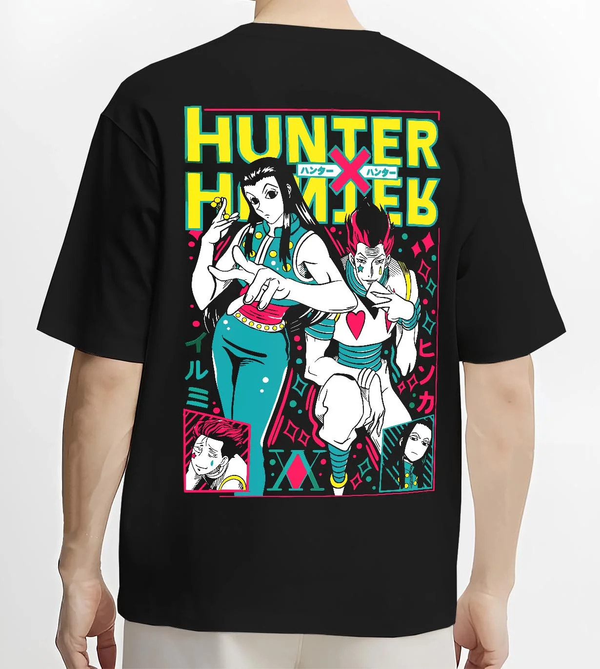 Black T-shirt worn by male model, back view with Hunter x Hunter Hoodie Phantom Troupe Group Jumper graphic bold anime graphic.