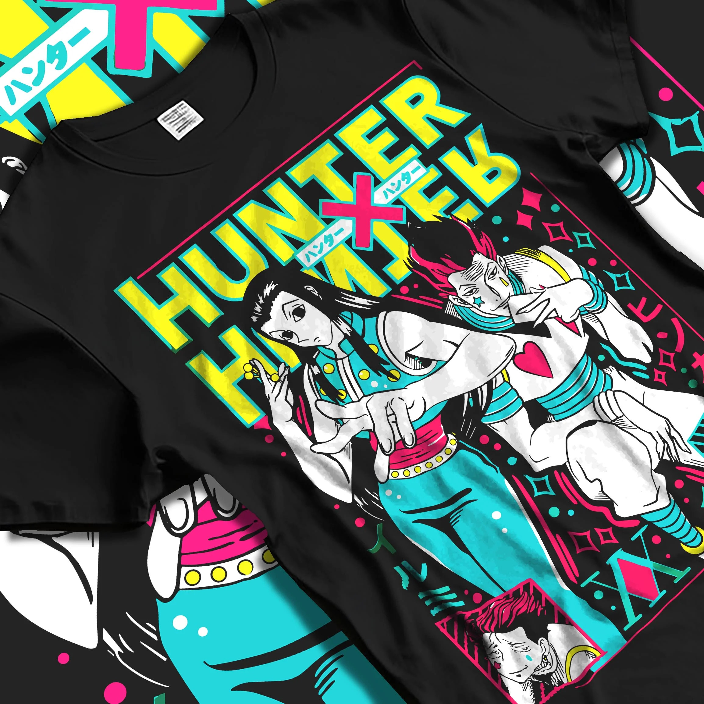 Black T-shirt laid flat with natural folds with Hunter x Hunter Hoodie Phantom Troupe Group Jumper graphic streetwear graphic.