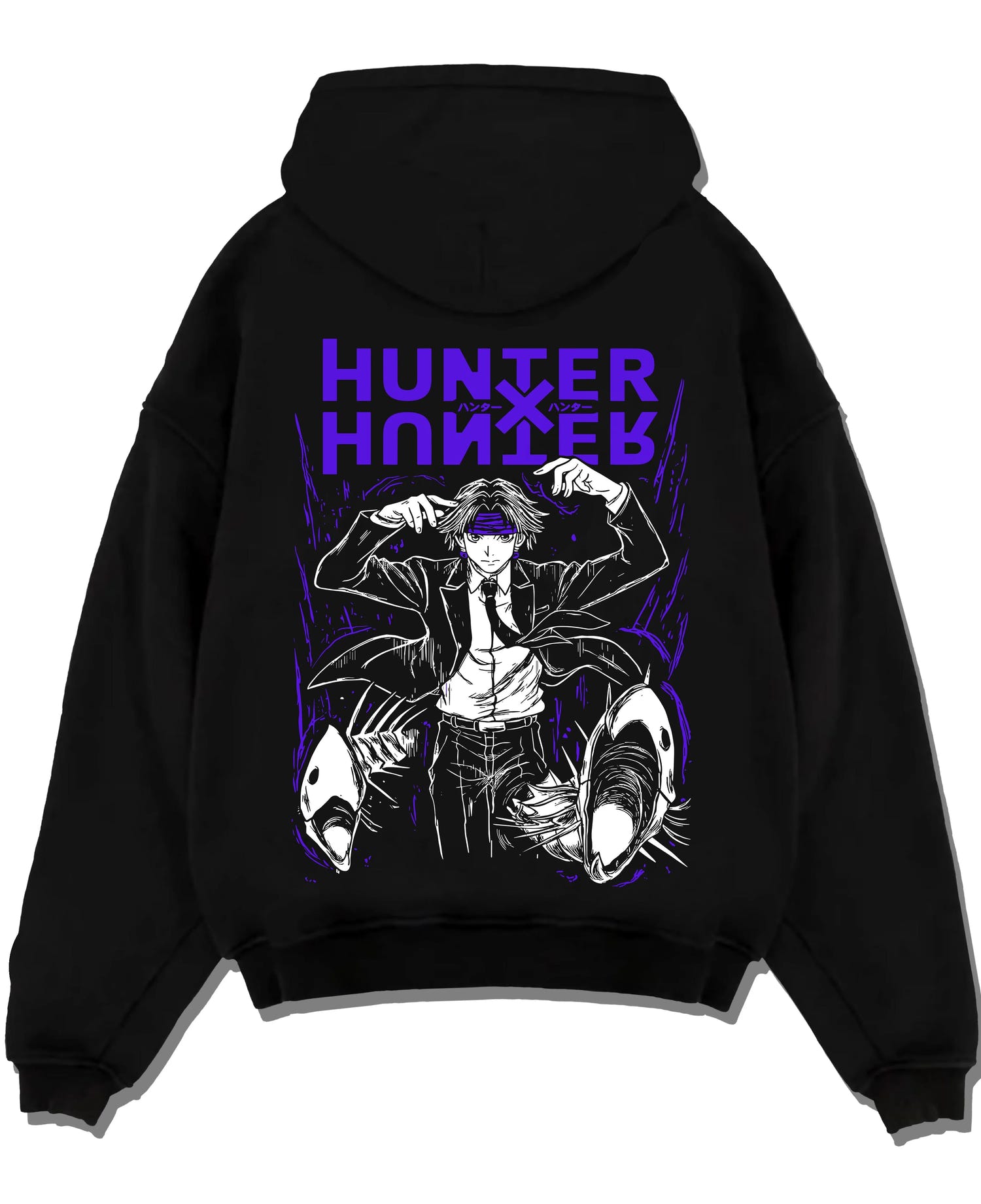 Black pullover hoodie laid flat with Hunter x Hunter Hoodie Logo Classic Retro Jumper graphic streetwear graphic.