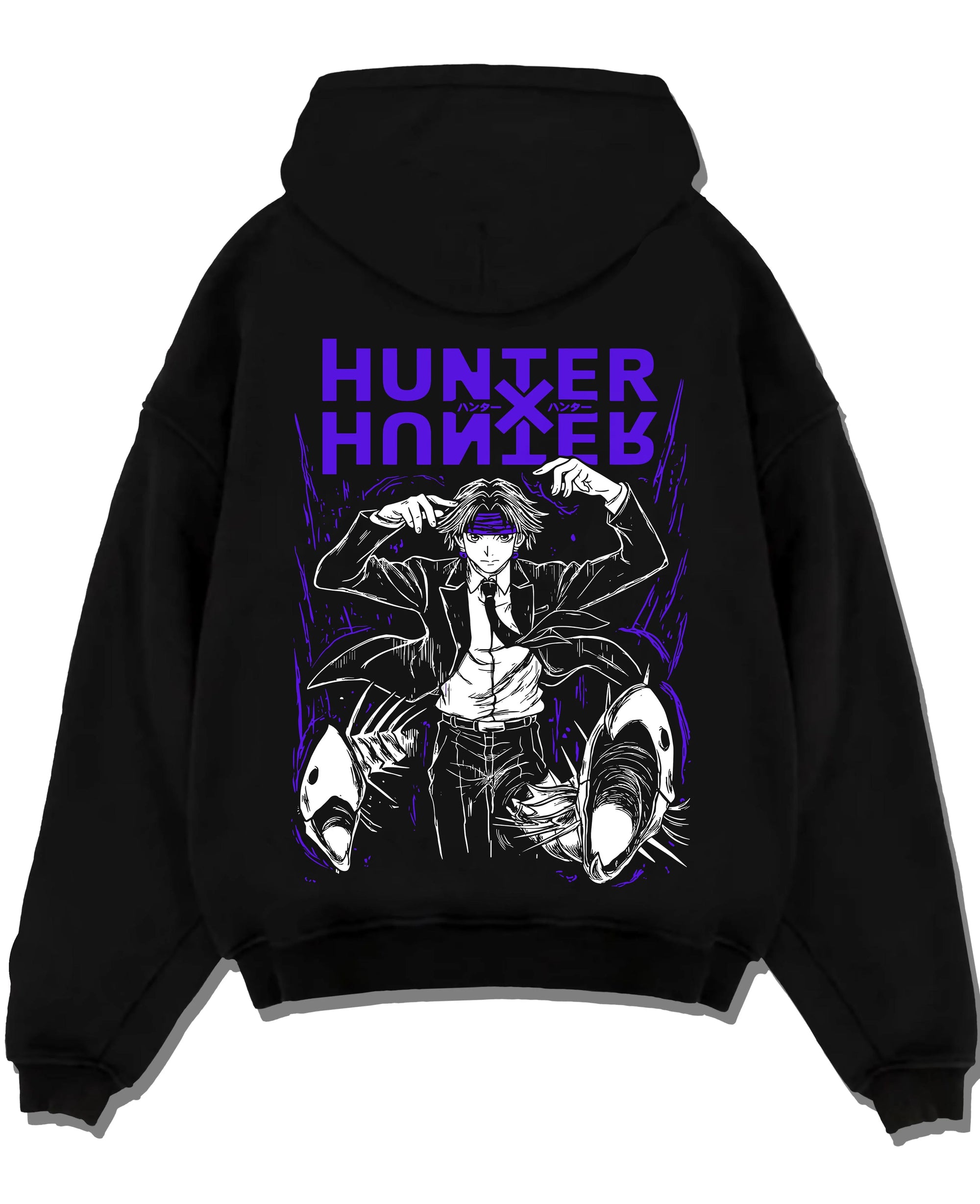 Black pullover hoodie laid flat with Hunter x Hunter Hoodie Logo Classic Retro Jumper graphic streetwear graphic.