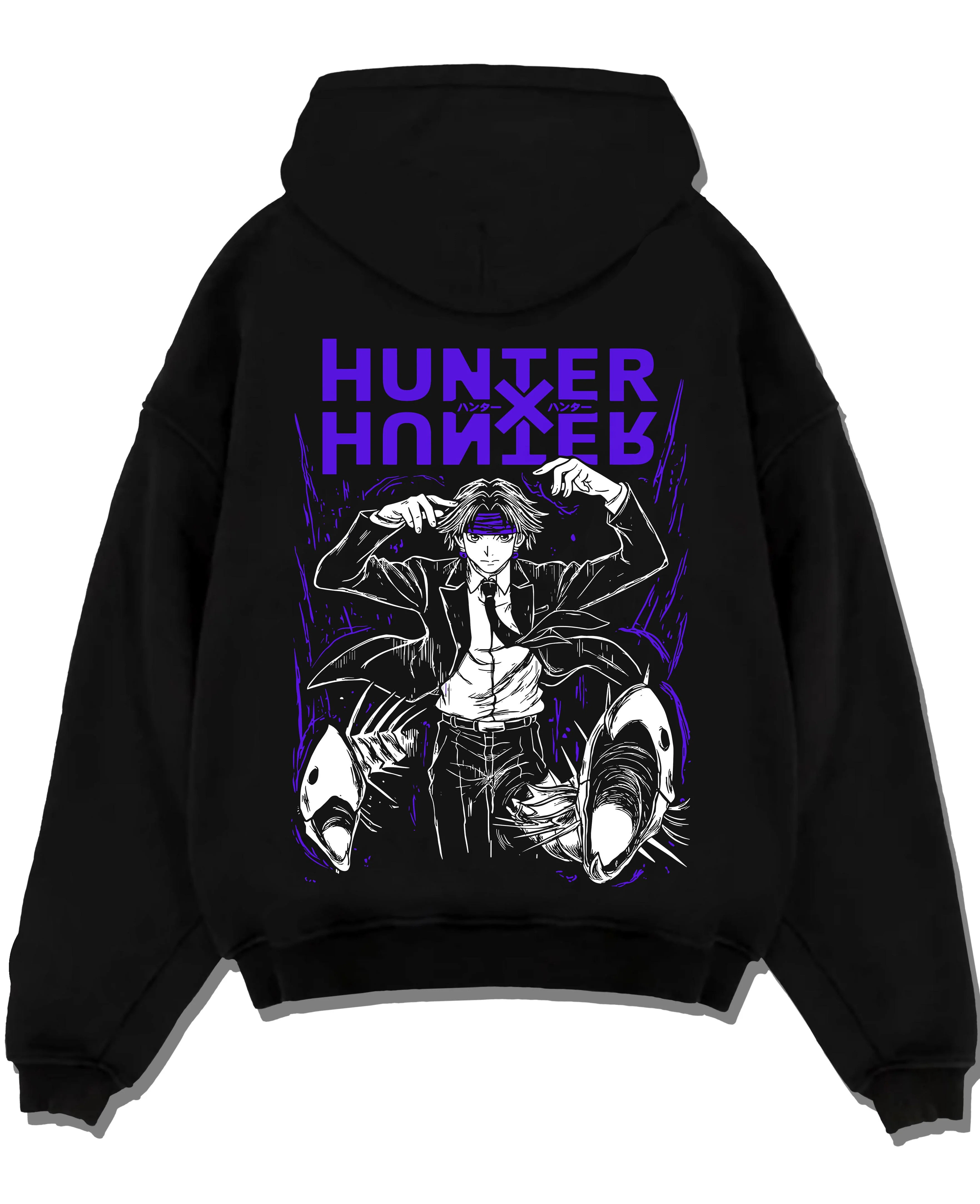 Black pullover hoodie laid flat with Hunter x Hunter Hoodie Logo Classic Retro Jumper graphic streetwear graphic.