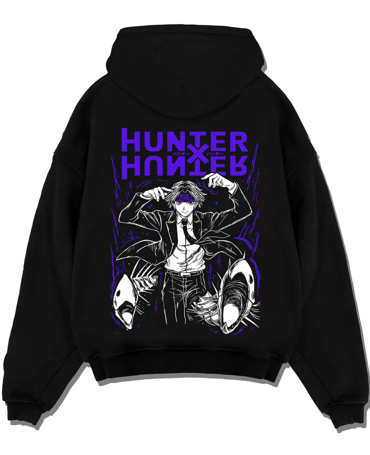 Black pullover hoodie laid flat with Hunter x Hunter Hoodie Logo Classic Retro Jumper graphic streetwear graphic.