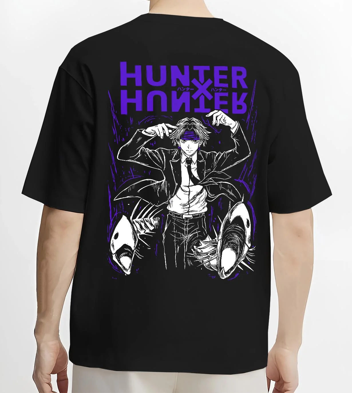 Black T-shirt worn by male model, back view with Hunter x Hunter Hoodie Logo Classic Retro Jumper graphic bold anime graphic.