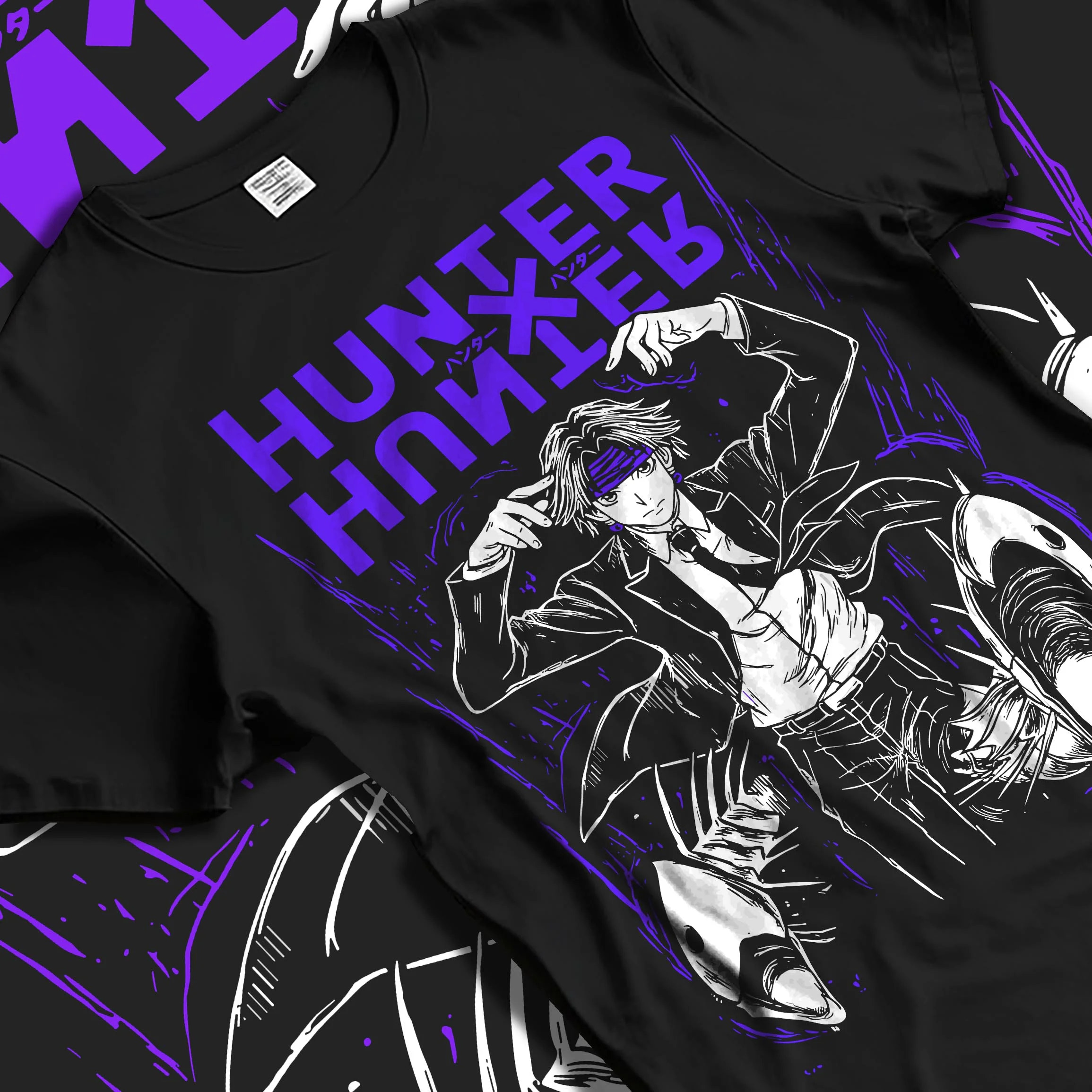 Black T-shirt laid flat with natural folds with Hunter x Hunter Hoodie Logo Classic Retro Jumper graphic premium wear.