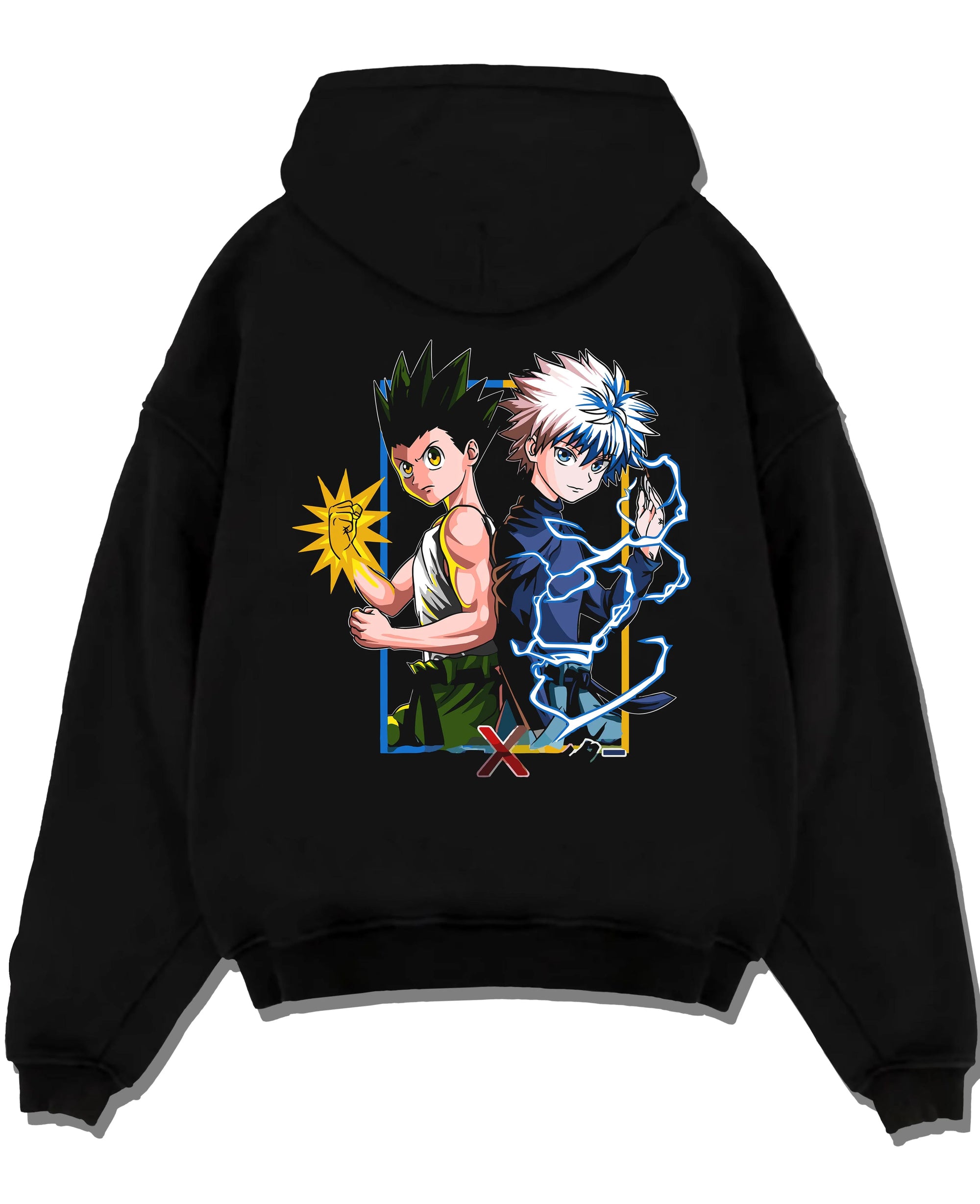 Black pullover hoodie laid flat with Hunter x Hunter Hoodie Gon Freecss Determined Jumper graphic bold anime graphic.