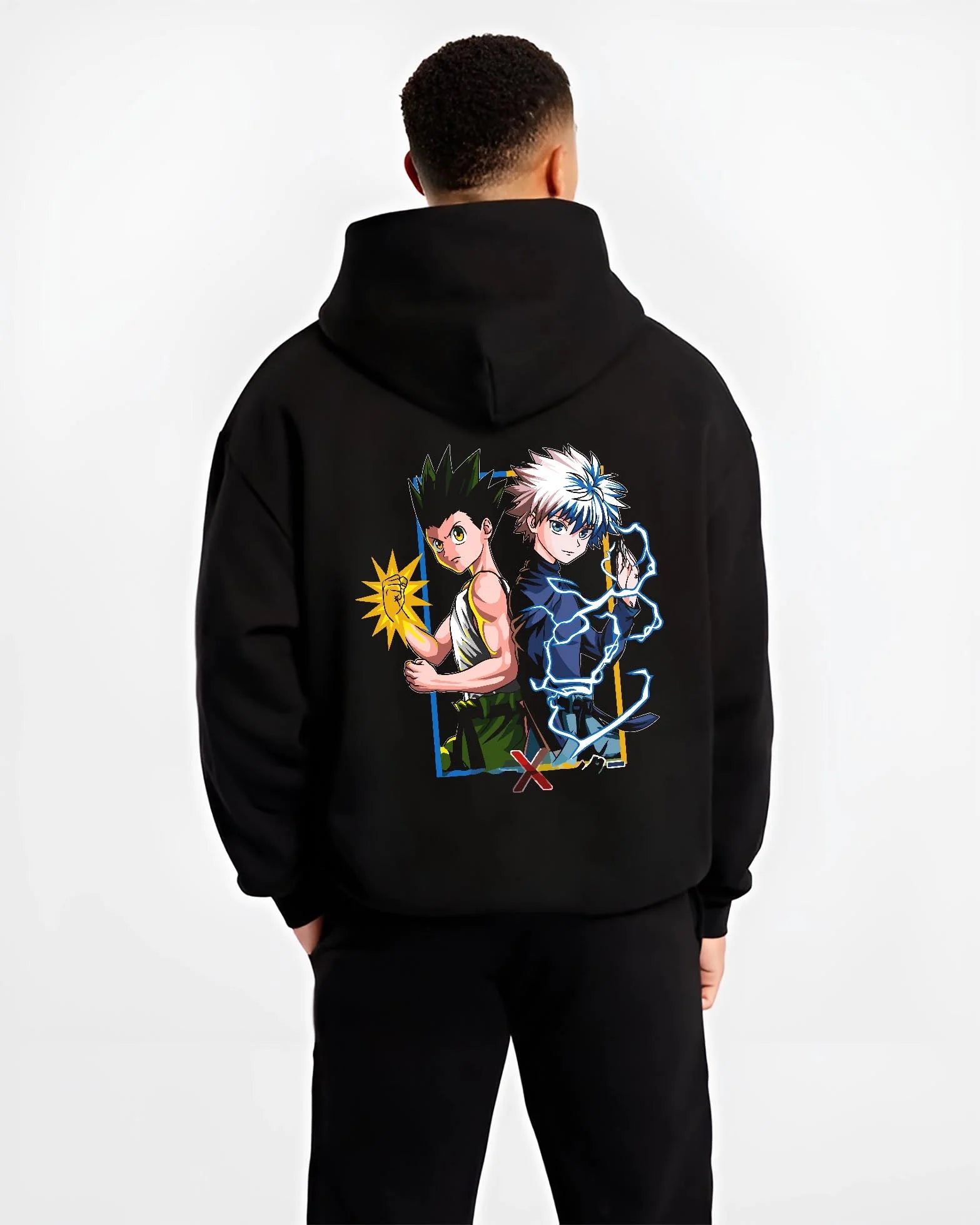 Black hoodie worn by male model, back view with Hunter x Hunter Hoodie Gon Freecss Determined Jumper graphic premium wear.