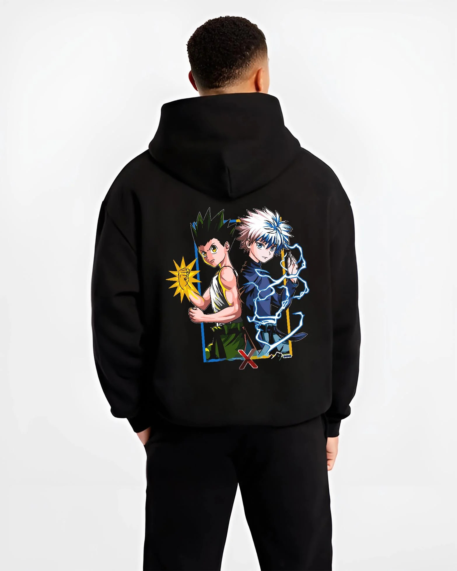 Black hoodie worn by male model, back view with Hunter x Hunter Hoodie Gon Freecss Determined Jumper graphic premium wear.