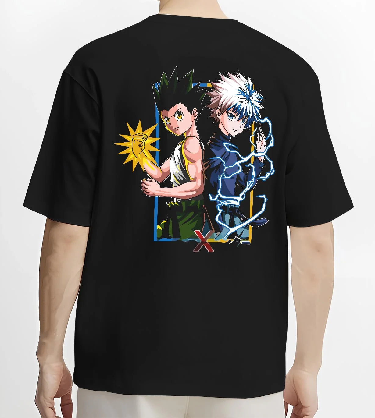 Black T-shirt worn by male model, back view with Hunter x Hunter Hoodie Gon Freecss Determined Jumper graphic bold anime graphic.