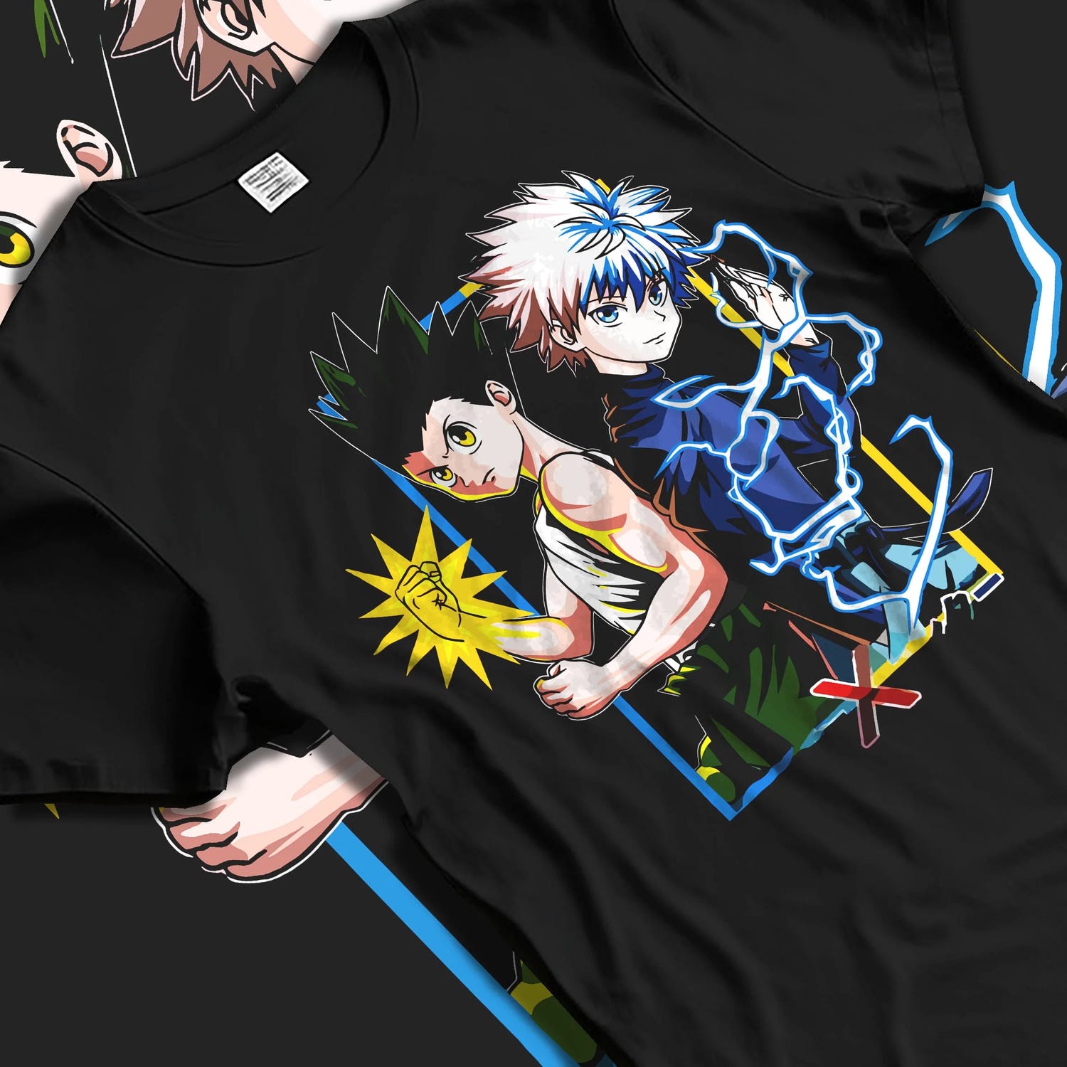 Black T-shirt laid flat with natural folds with Hunter x Hunter Hoodie Gon Freecss Determined Jumper graphic premium wear.