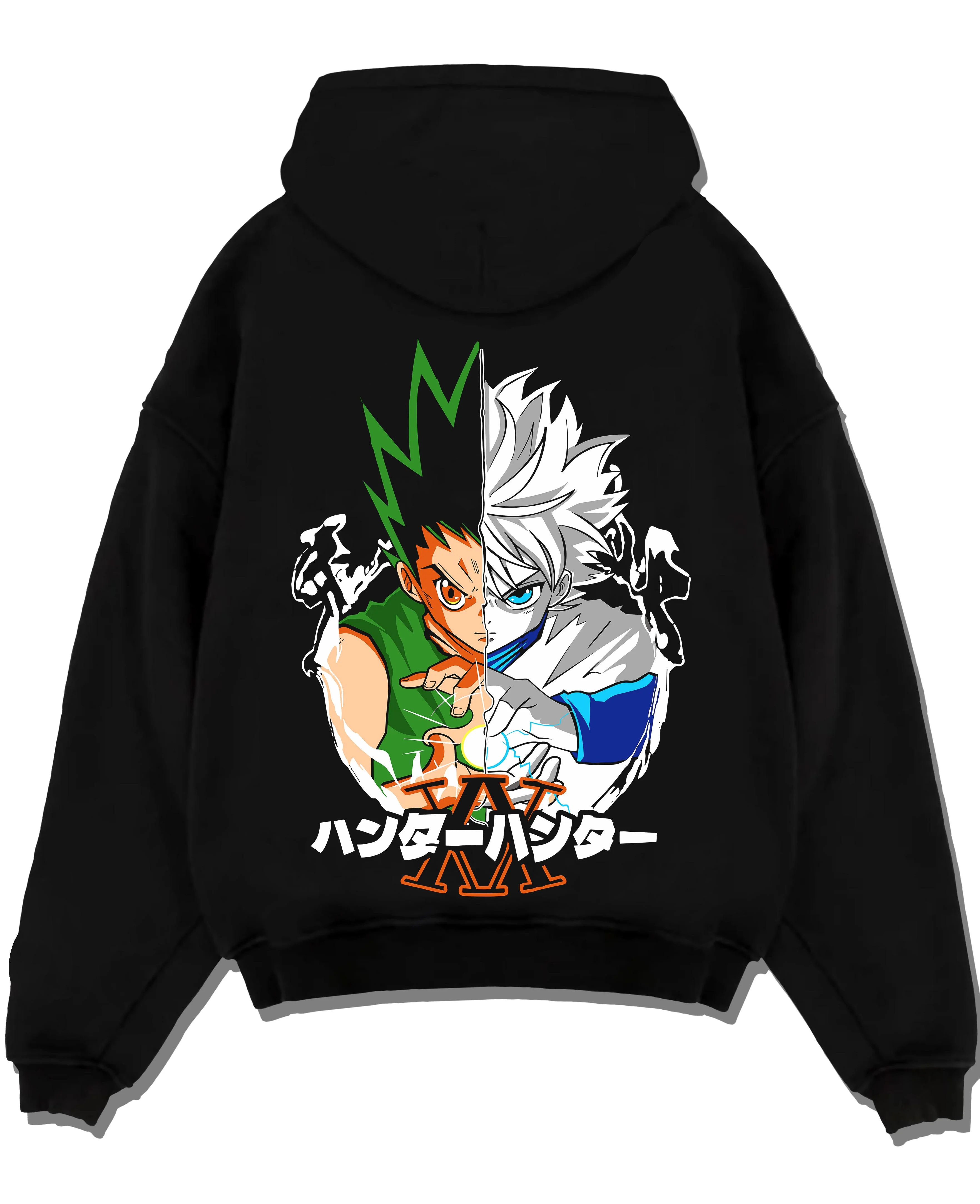 Black pullover hoodie laid flat with Hunter x Hunter Hoodie Gon Killua Team Jumper graphic streetwear graphic.