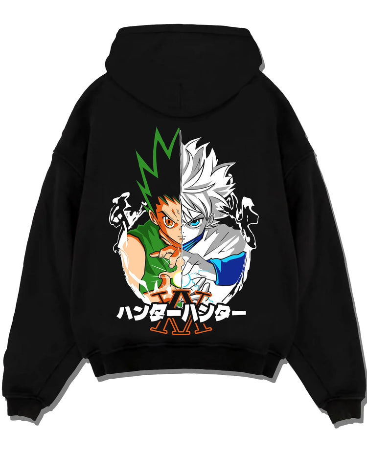 Black pullover hoodie laid flat with Hunter x Hunter Hoodie Gon Killua Team Jumper graphic streetwear graphic.