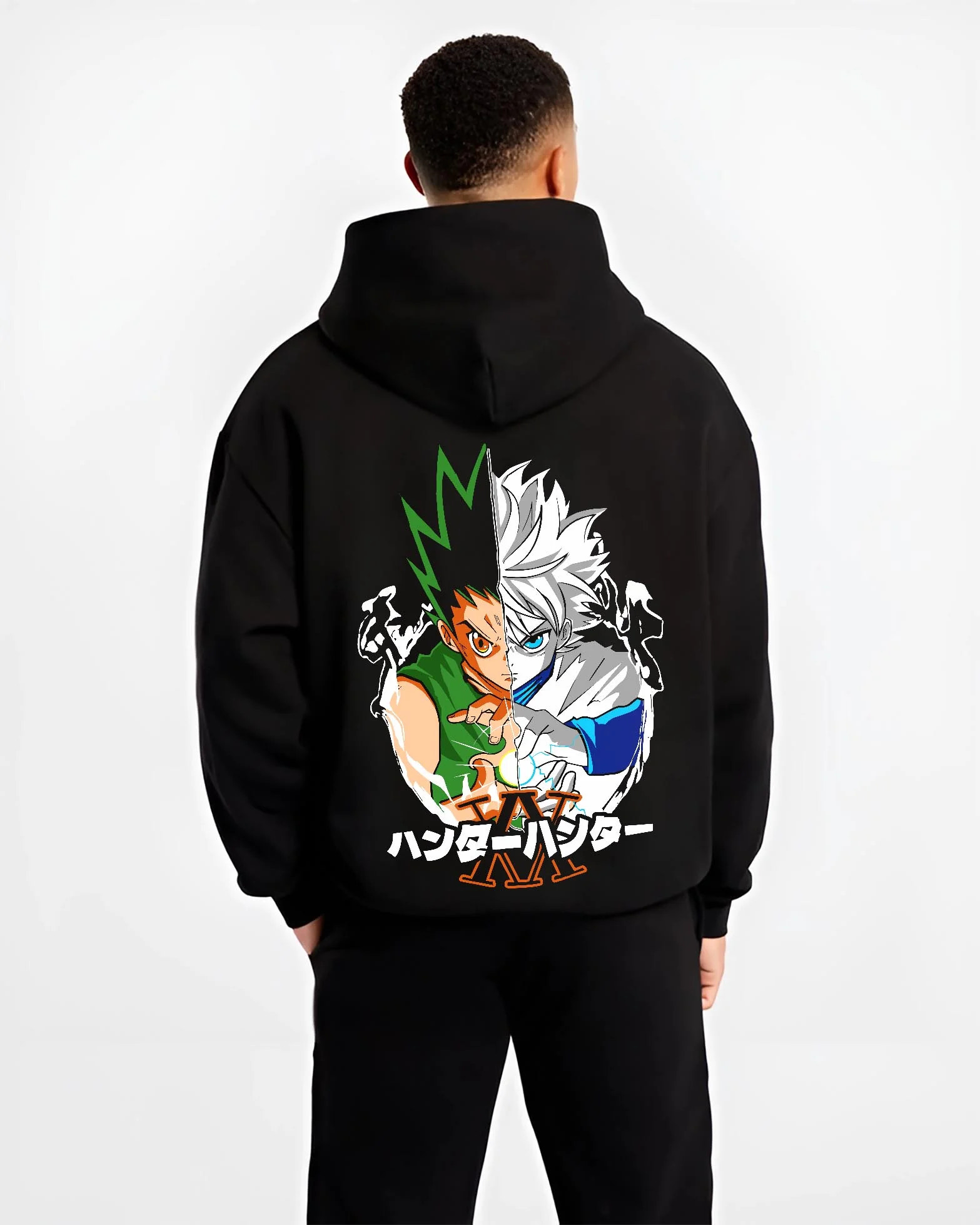 Black hoodie worn by male model, back view with Hunter x Hunter Hoodie Gon Killua Team Jumper graphic bold anime graphic.