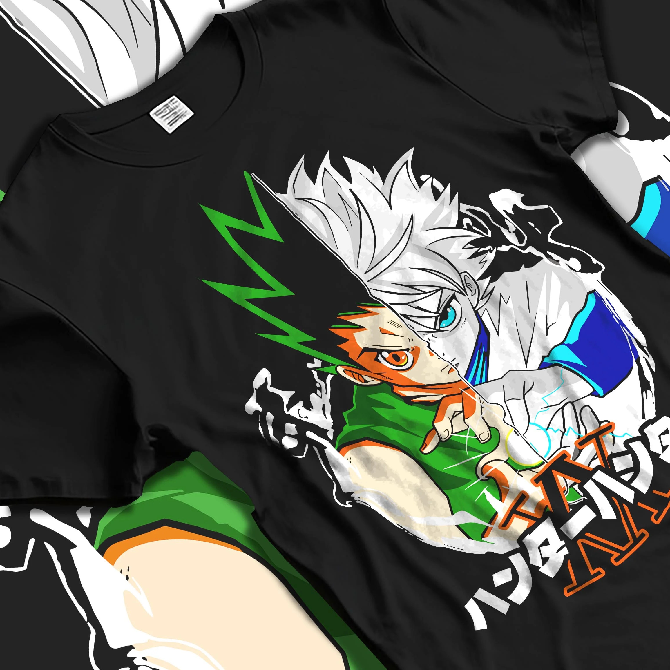 Black T-shirt laid flat with natural folds with Hunter x Hunter Hoodie Gon Killua Team Jumper graphic premium wear.