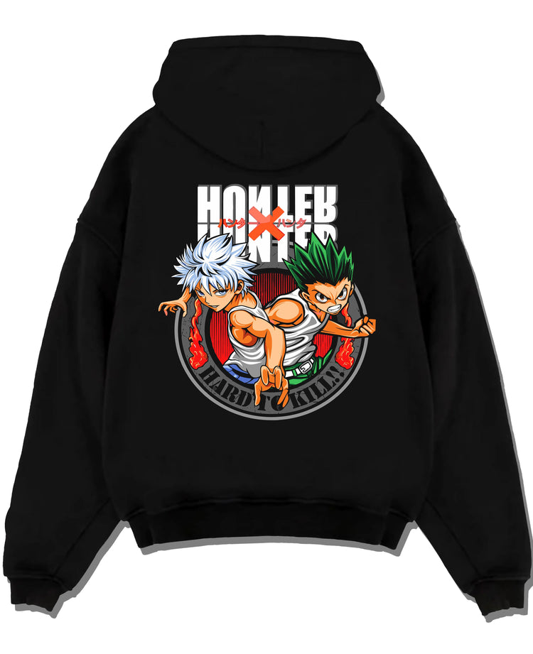 Black pullover hoodie laid flat with Hunter x Hunter Hoodie Yorknew City Arc Jumper graphic streetwear graphic.