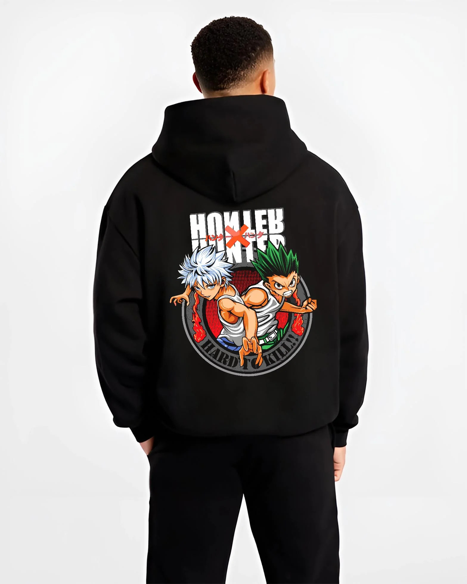 Black hoodie worn by male model, back view with Hunter x Hunter Hoodie Yorknew City Arc Jumper graphic premium wear.