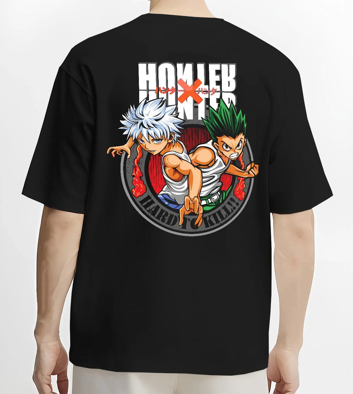 Black T-shirt worn by male model, back view with Hunter x Hunter Hoodie Yorknew City Arc Jumper graphic bold anime graphic.