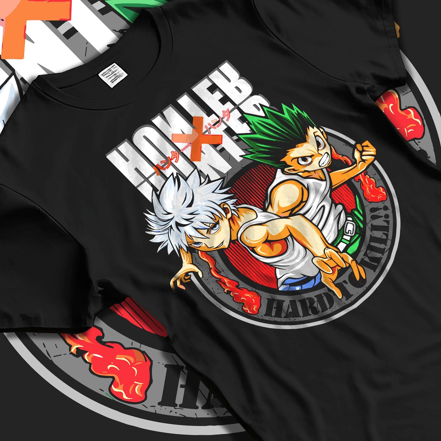 Black T-shirt laid flat with natural folds with Hunter x Hunter Hoodie Yorknew City Arc Jumper graphic streetwear graphic.