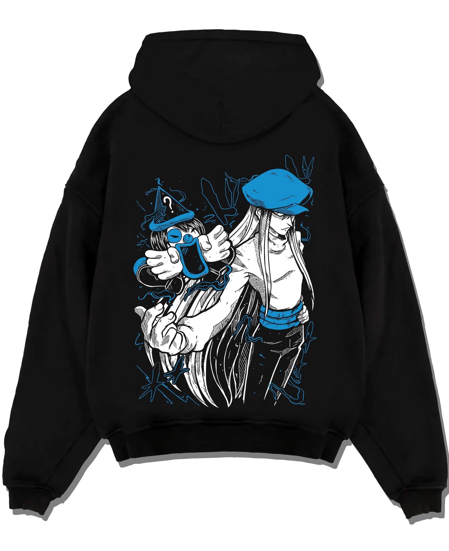 Black pullover hoodie laid flat with Hunter x Hunter Hoodie Chrollo Lucifer Dark Jumper graphic streetwear graphic.
