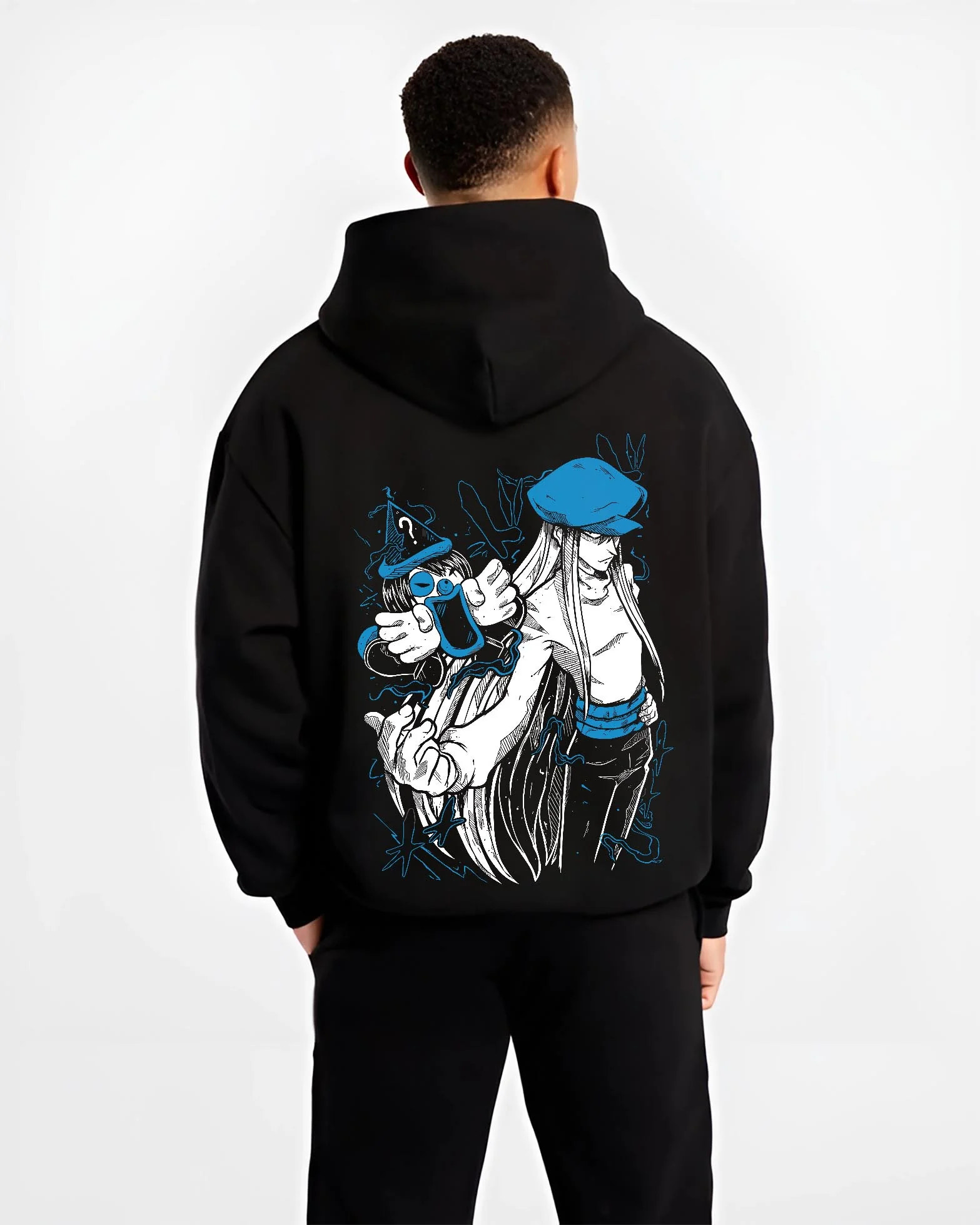Black hoodie worn by male model, back view with Hunter x Hunter Hoodie Chrollo Lucifer Dark Jumper graphic streetwear graphic.