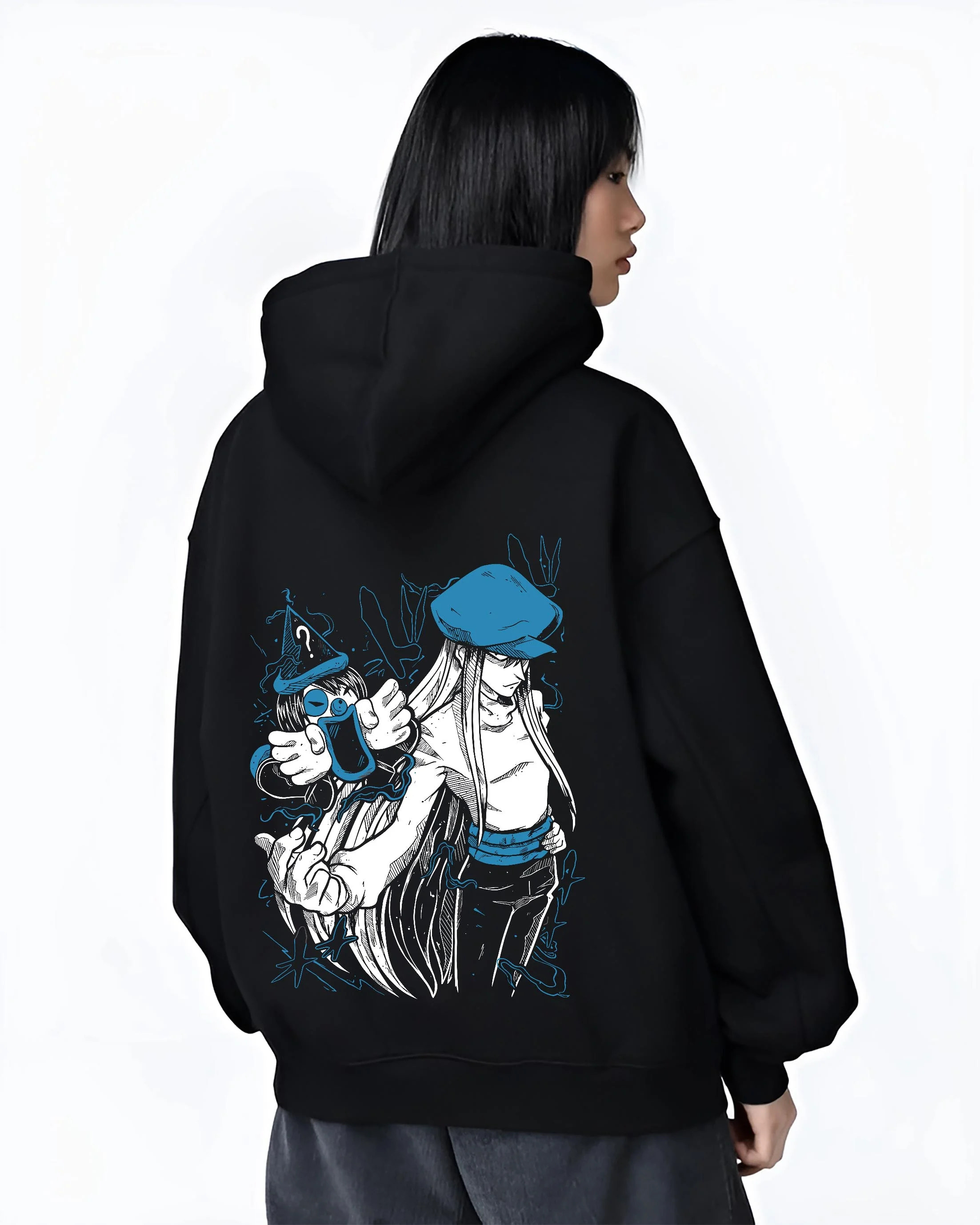 Black hoodie worn by female model, back view with Hunter x Hunter Hoodie Chrollo Lucifer Dark Jumper graphic premium wear.