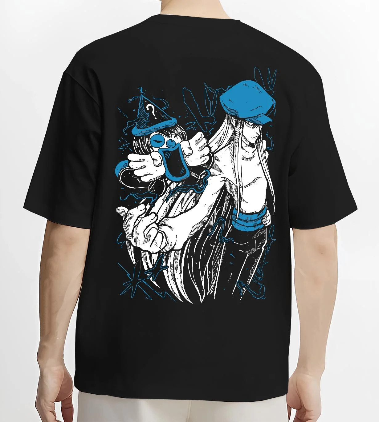 Black T-shirt worn by male model, back view with Hunter x Hunter Hoodie Chrollo Lucifer Dark Jumper graphic streetwear graphic.