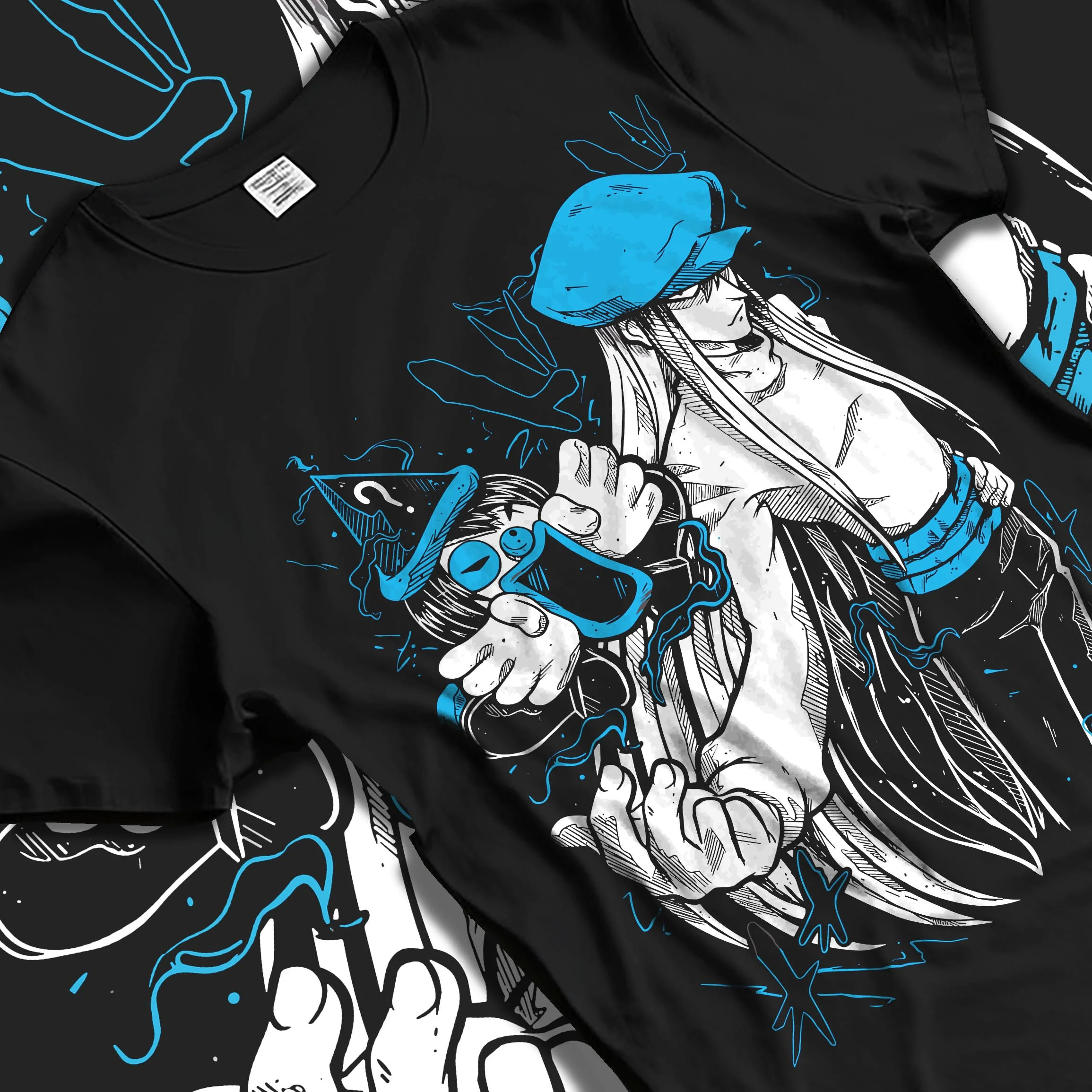 Black T-shirt laid flat with natural folds with Hunter x Hunter Hoodie Chrollo Lucifer Dark Jumper graphic streetwear graphic.