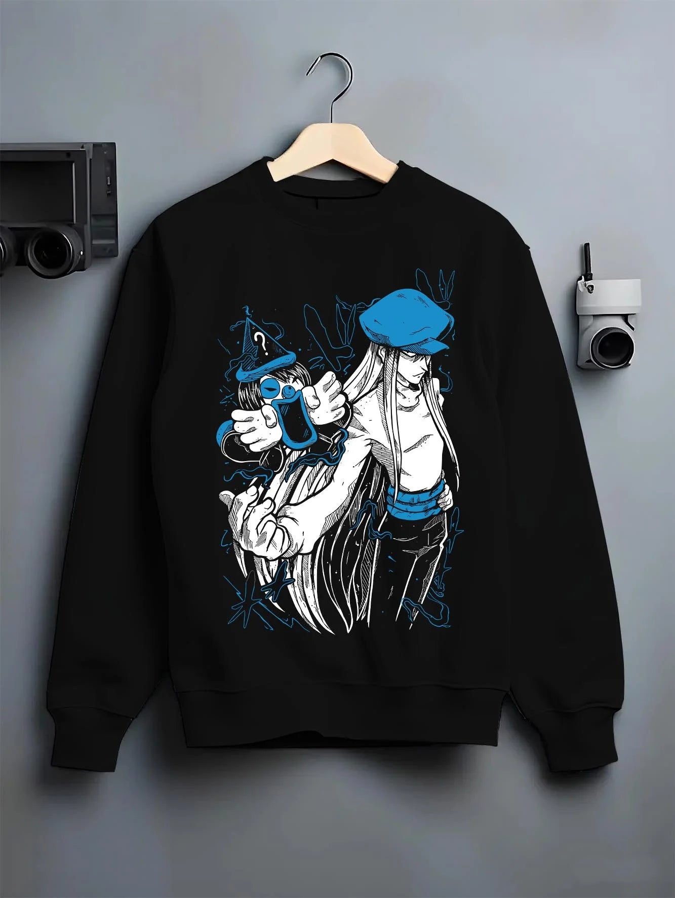 Black crewneck sweatshirt on hanger with Hunter x Hunter Hoodie Chrollo Lucifer Dark Jumper graphic premium wear.