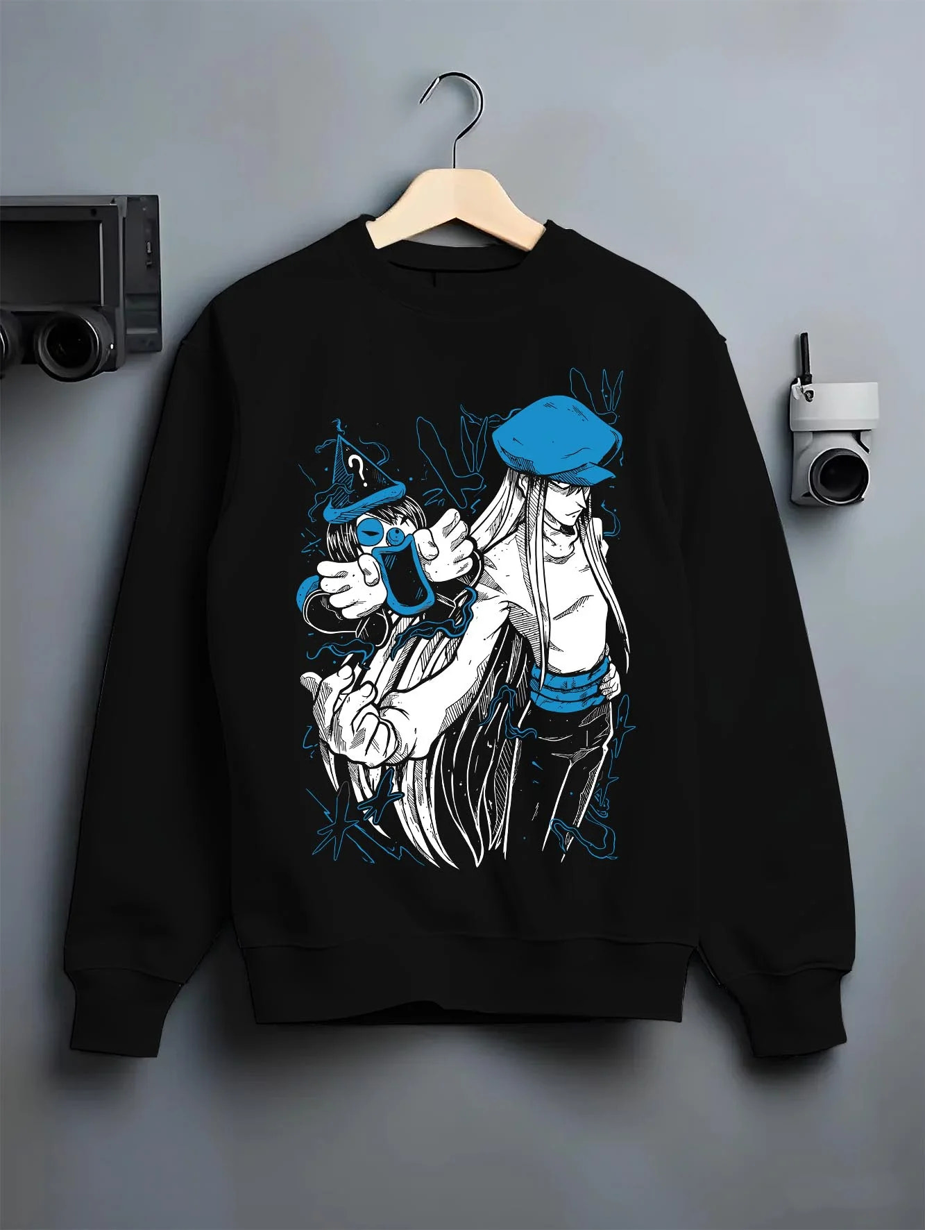 Black crewneck sweatshirt on hanger with Hunter x Hunter Hoodie Chrollo Lucifer Dark Jumper graphic premium wear.