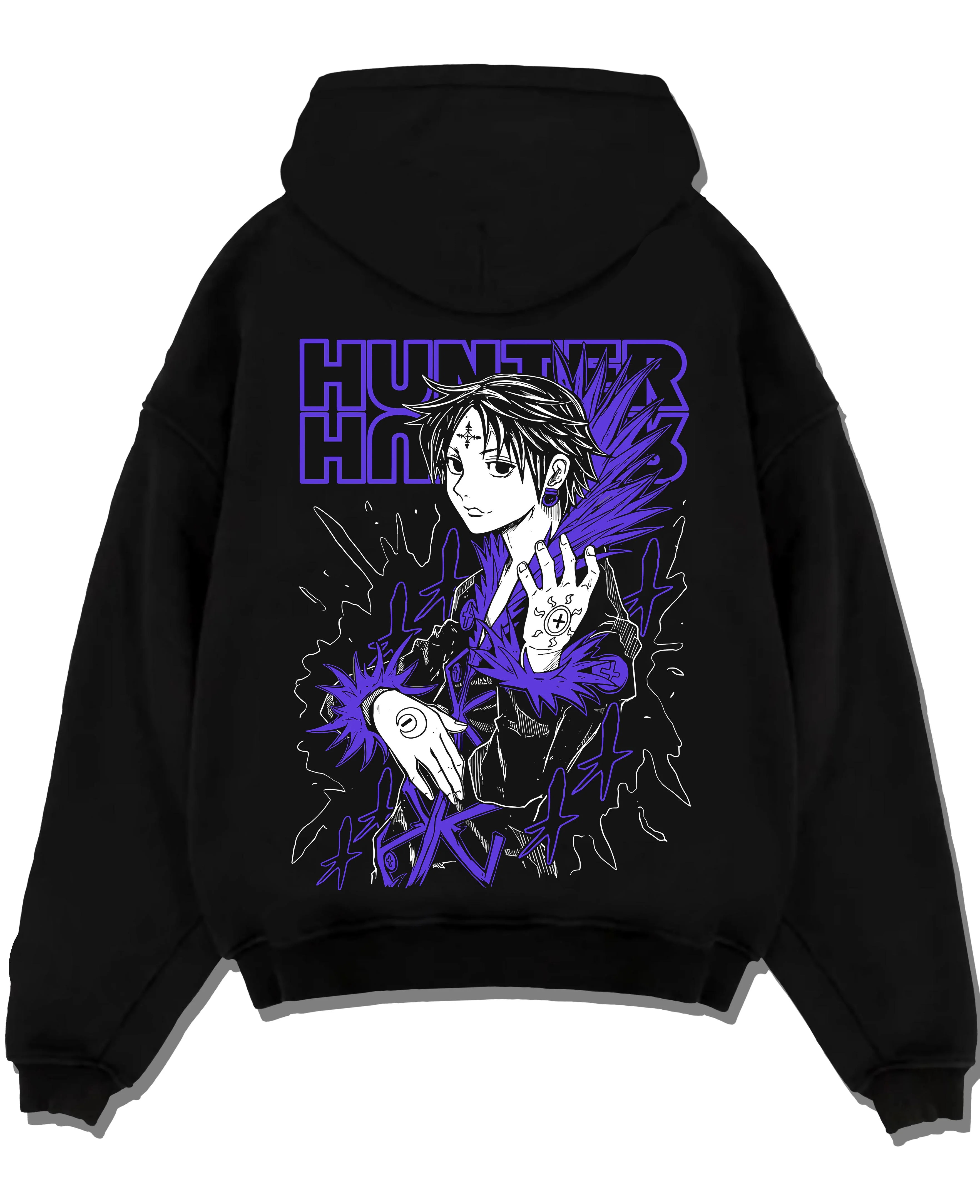 Black pullover hoodie laid flat with Hunter x Hunter Hoodie Chrollo Hisoka Encounter Jumper graphic streetwear graphic.