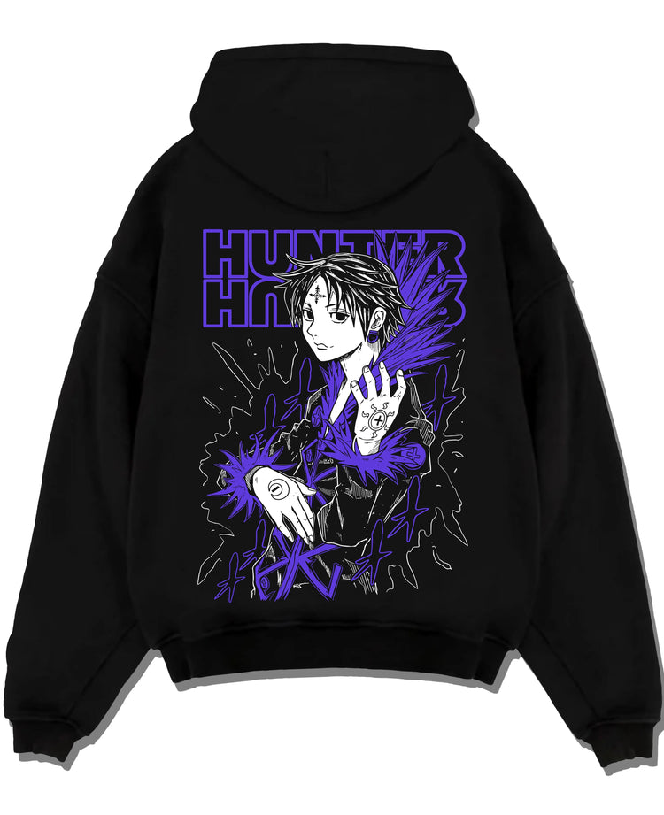 Black pullover hoodie laid flat with Hunter x Hunter Hoodie Chrollo Hisoka Encounter Jumper graphic streetwear graphic.