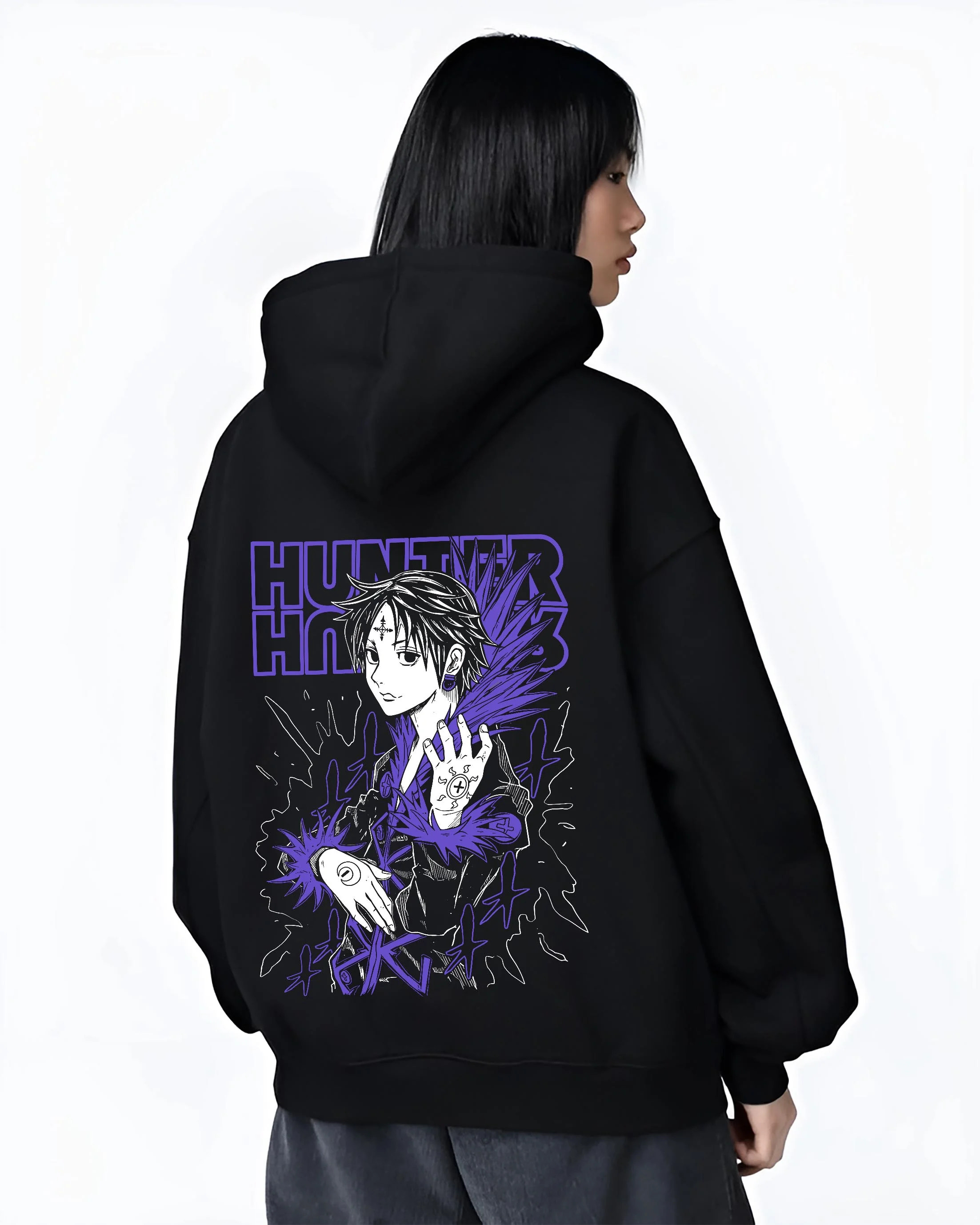 Black hoodie worn by female model, back view with Hunter x Hunter Hoodie Chrollo Hisoka Encounter Jumper graphic premium wear.