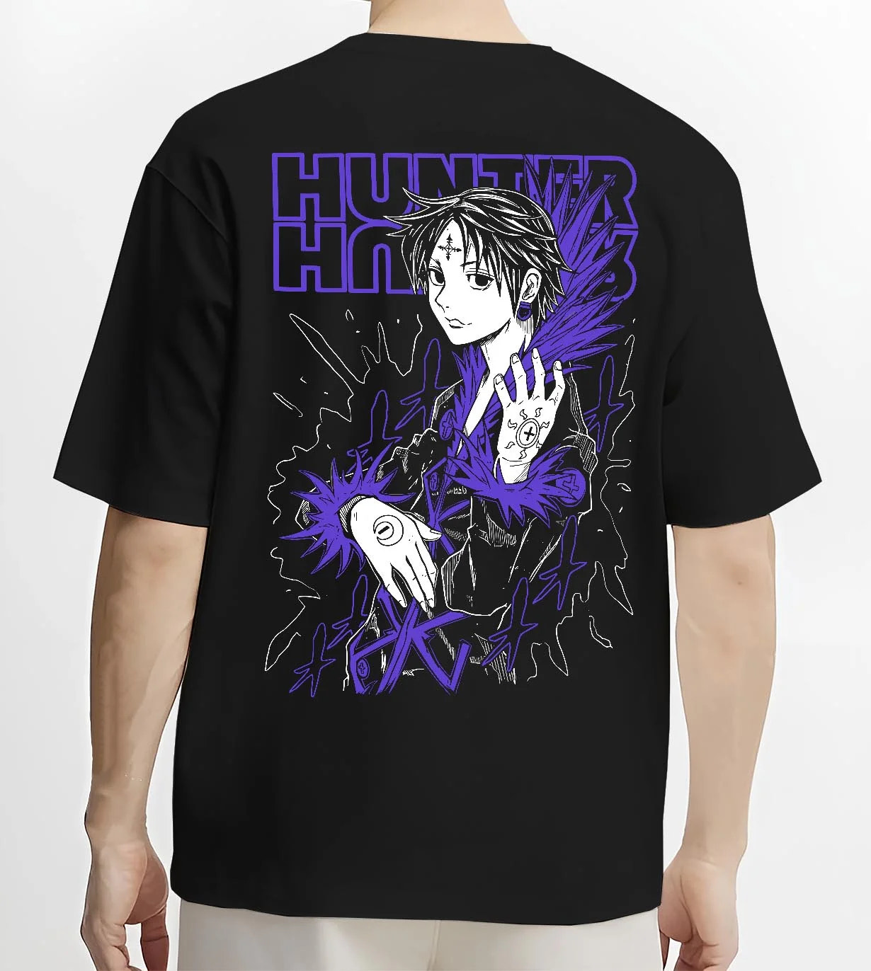 Black T-shirt worn by male model, back view with Hunter x Hunter Hoodie Chrollo Hisoka Encounter Jumper graphic bold anime graphic.